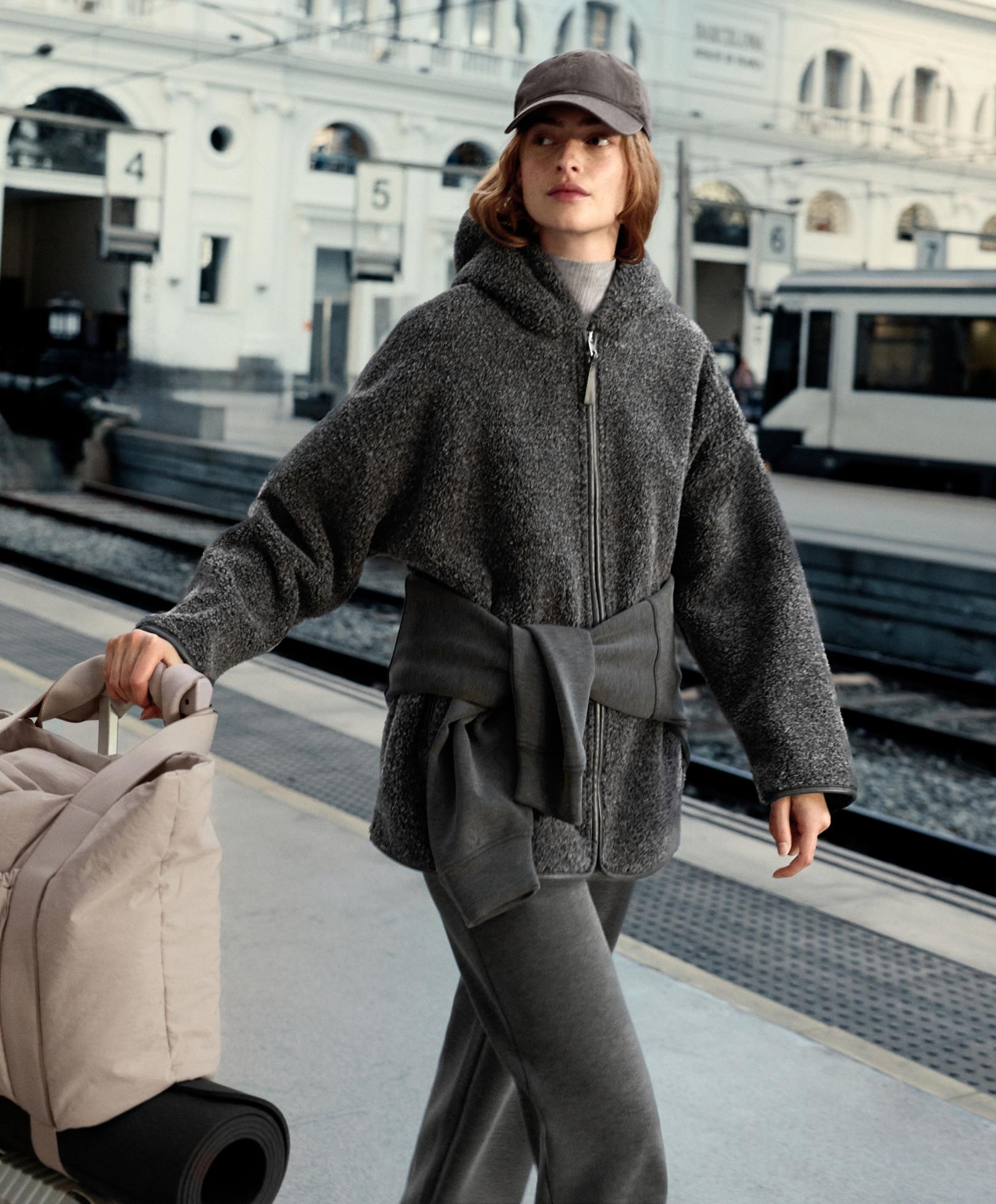 Oversize faux-shearling jacket with faux-fur lined hood — DARK-GREY MELANGE