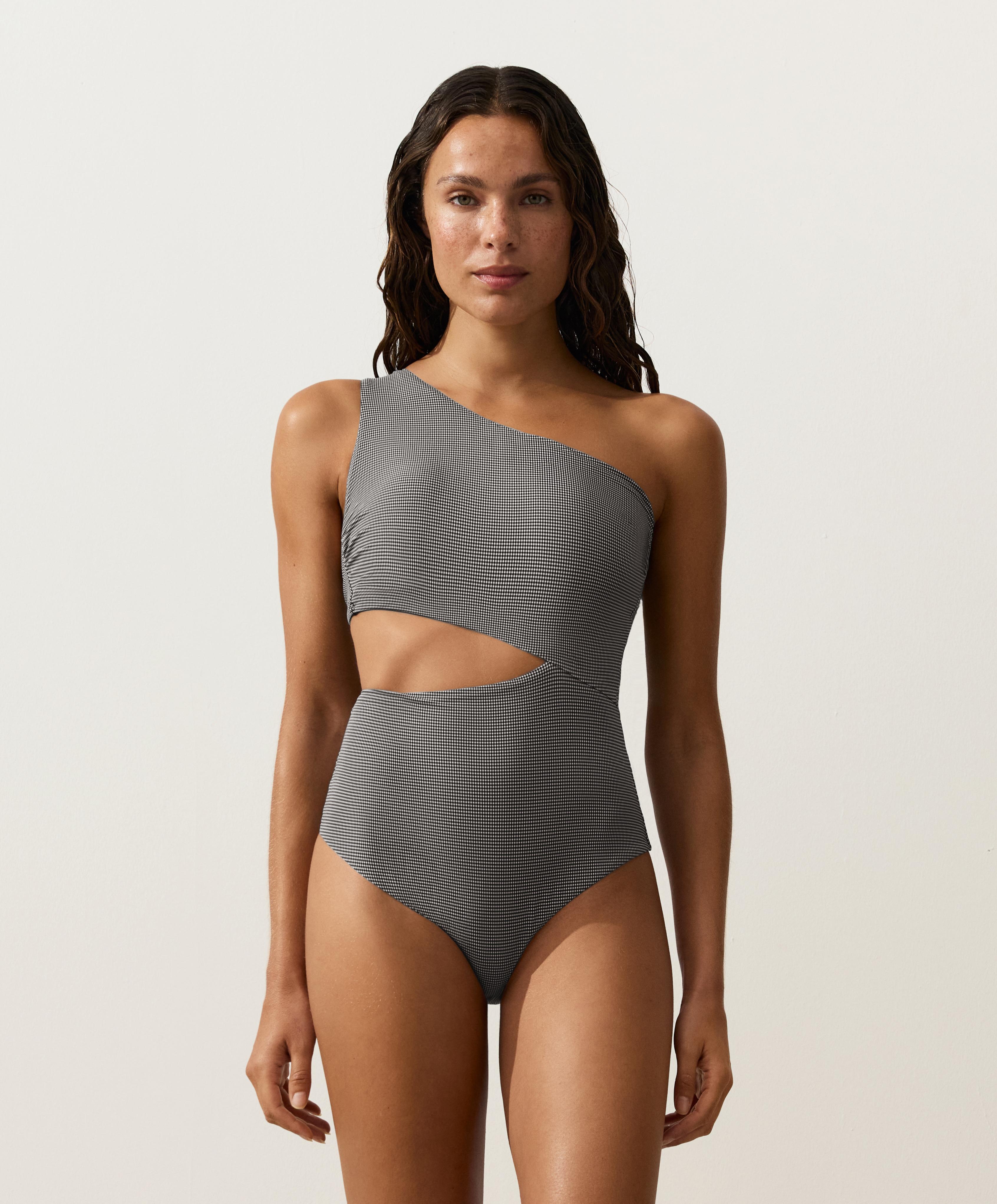 Mini gingham asymmetric trikini — BLACK