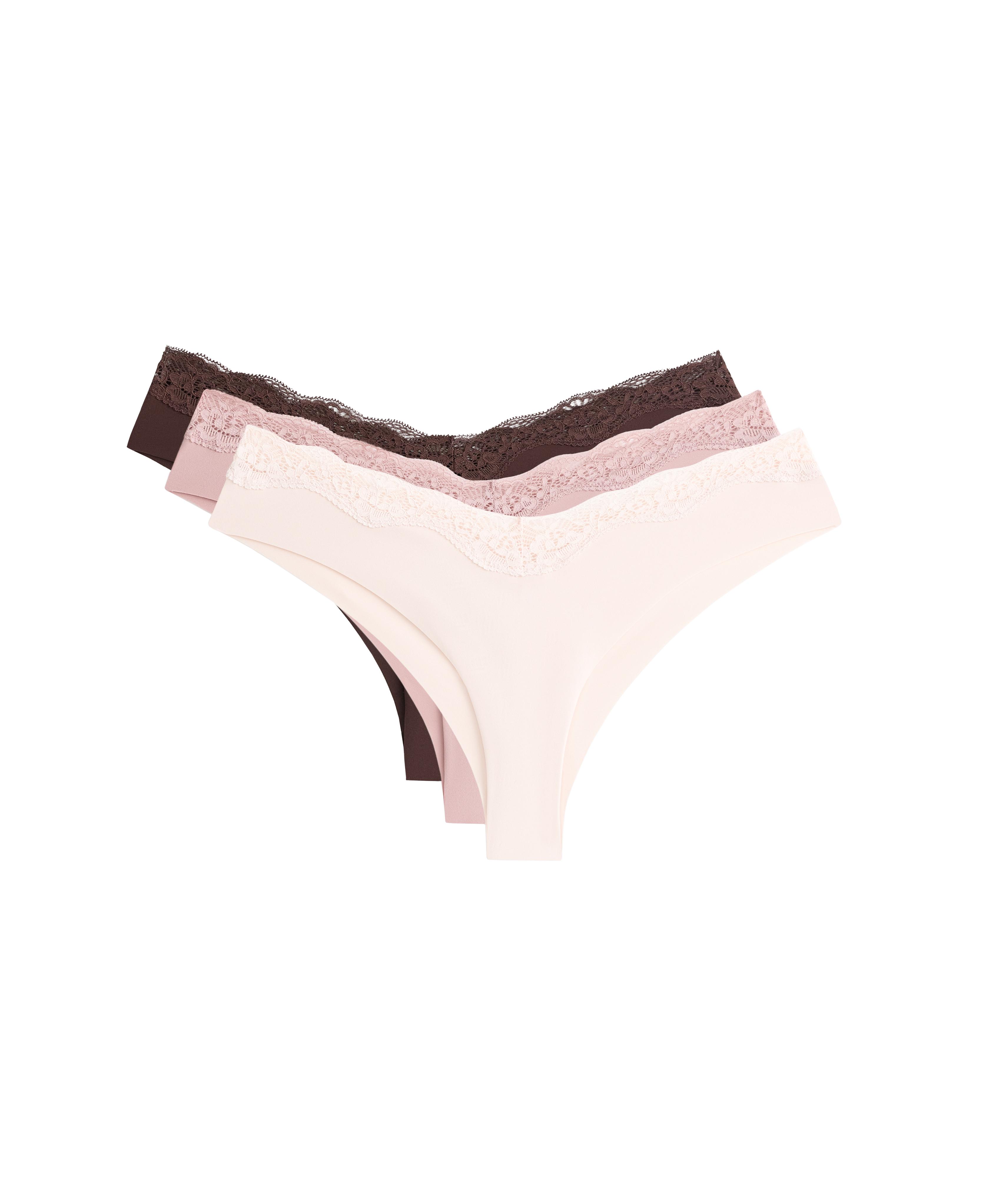 3 laser-cut polyamide blend lace Brazilian briefs — CHOCOLATE
