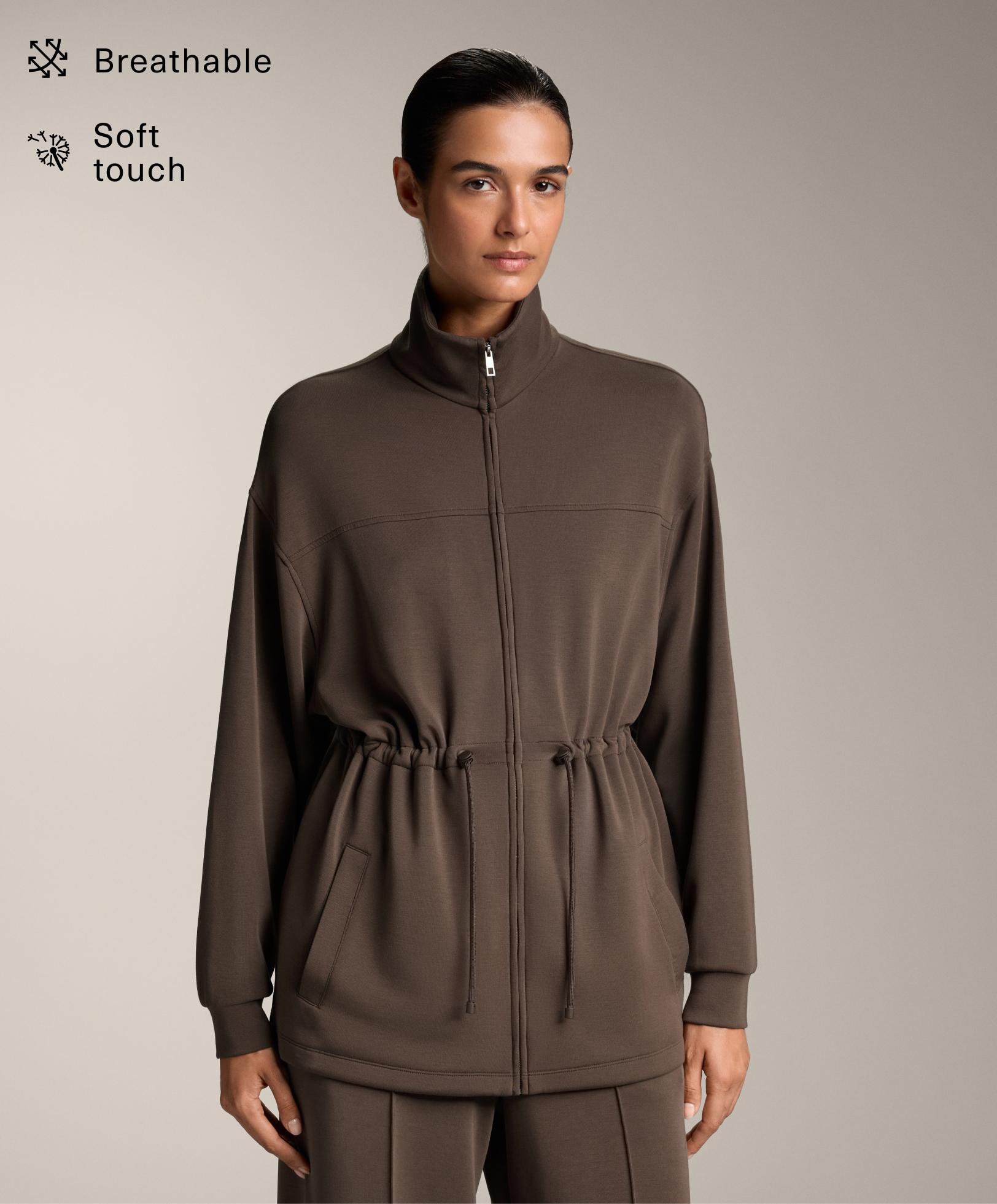 Long soft-touch high-neck jacket with adjustable waist and modal