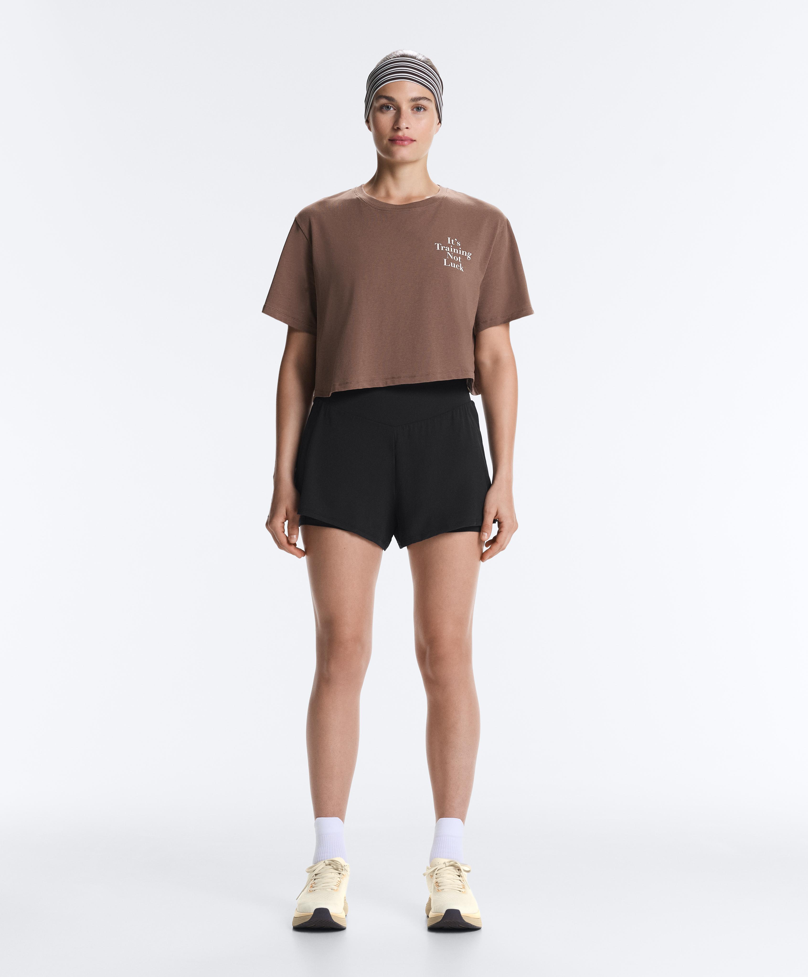 Boxy cropped cotton blend slogan T-shirt — BROWN