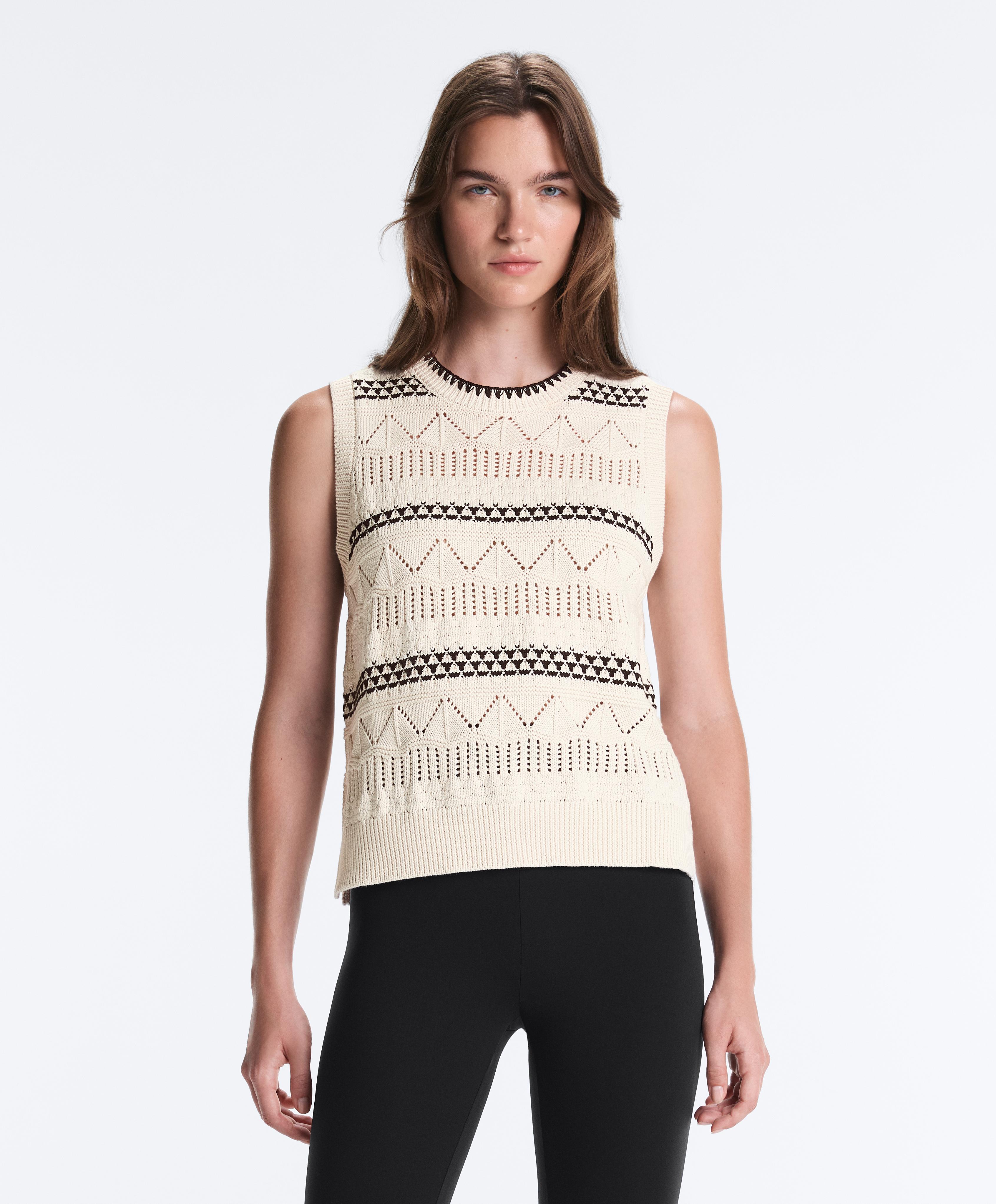 100% cotton open-knit contrast vest — PALE ECRU