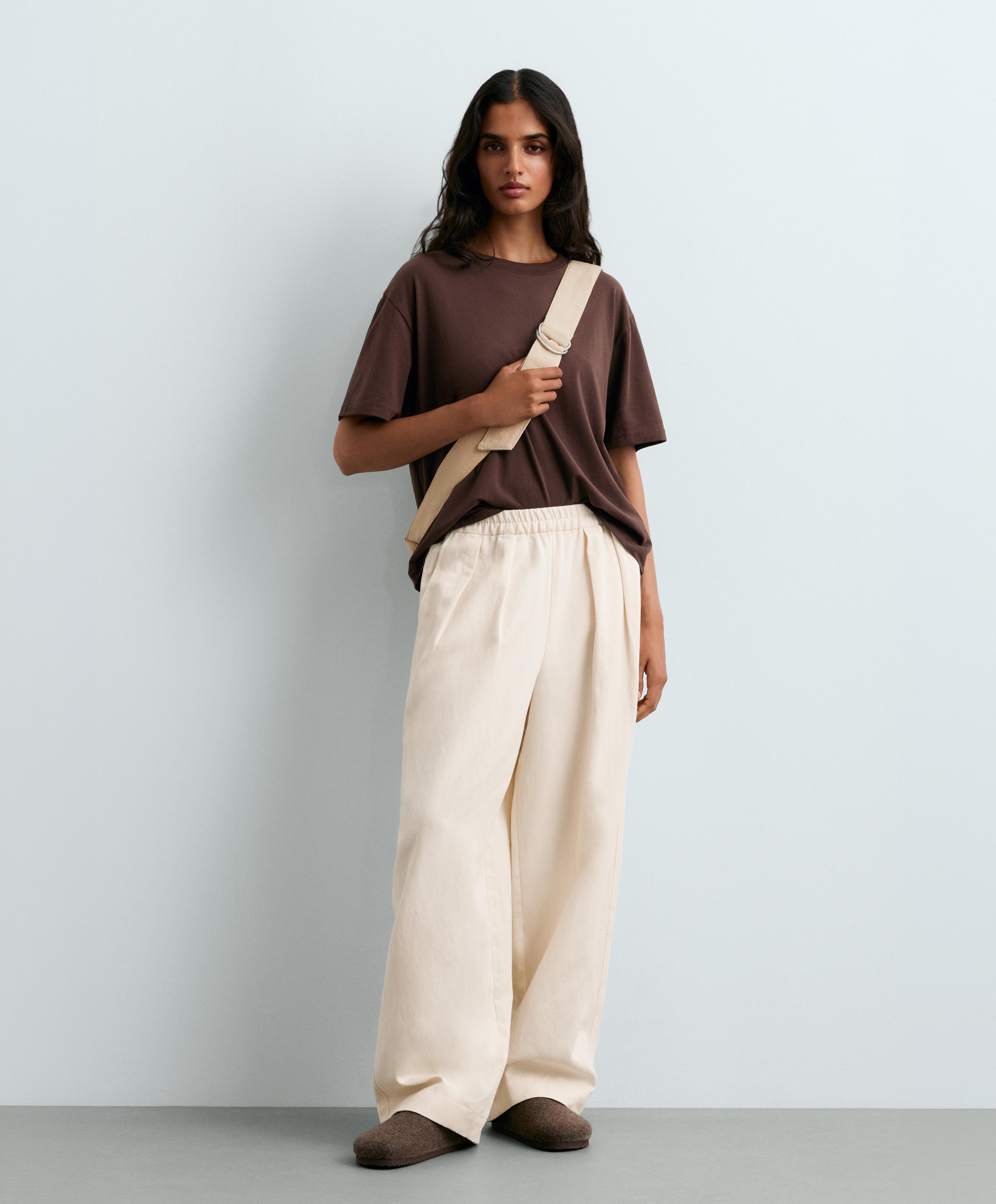 Boxy short-sleeved cotton blend T-shirt — DARK BROWN