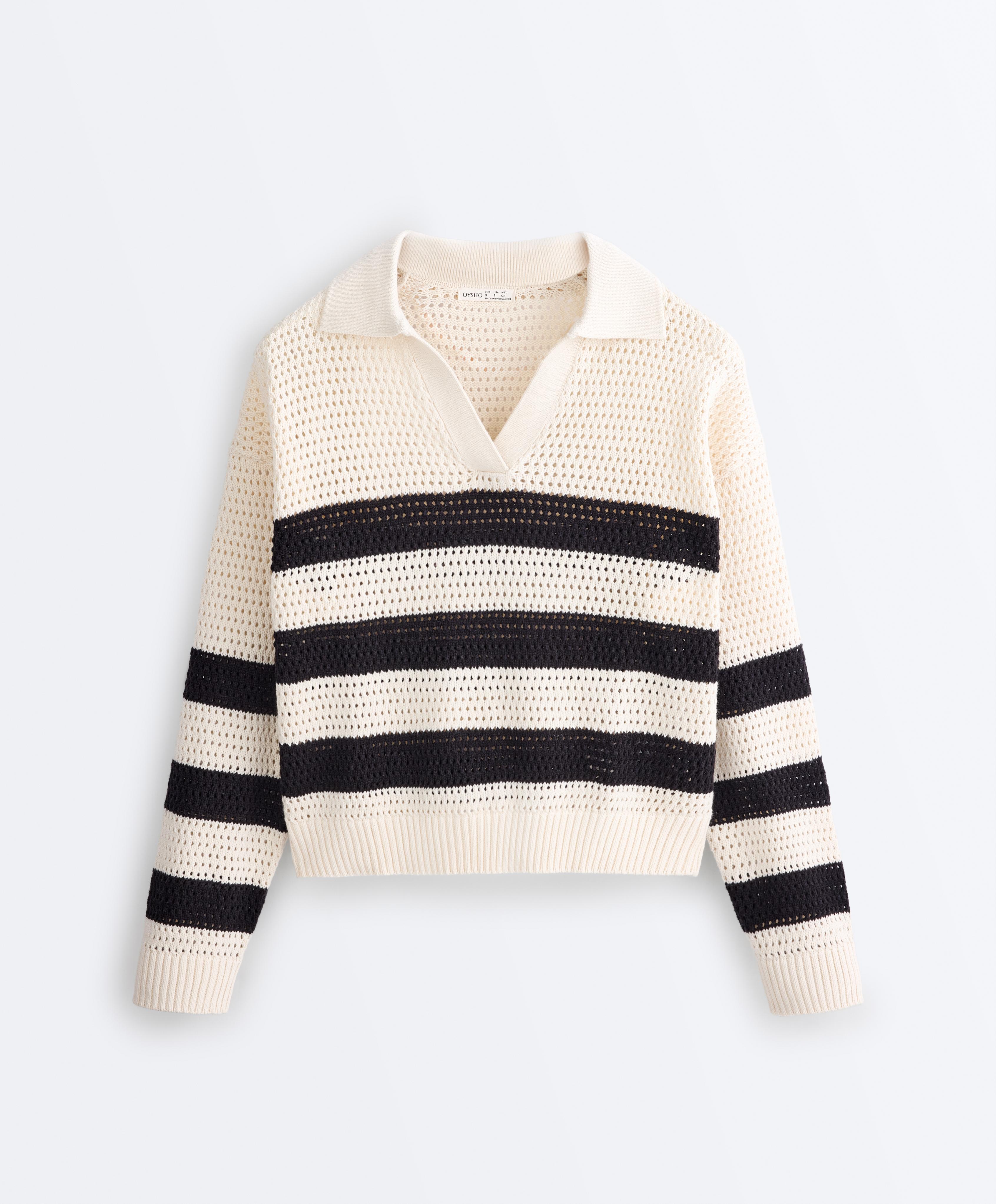 100% cotton striped open knit long-sleeve polo shirt — ECRU