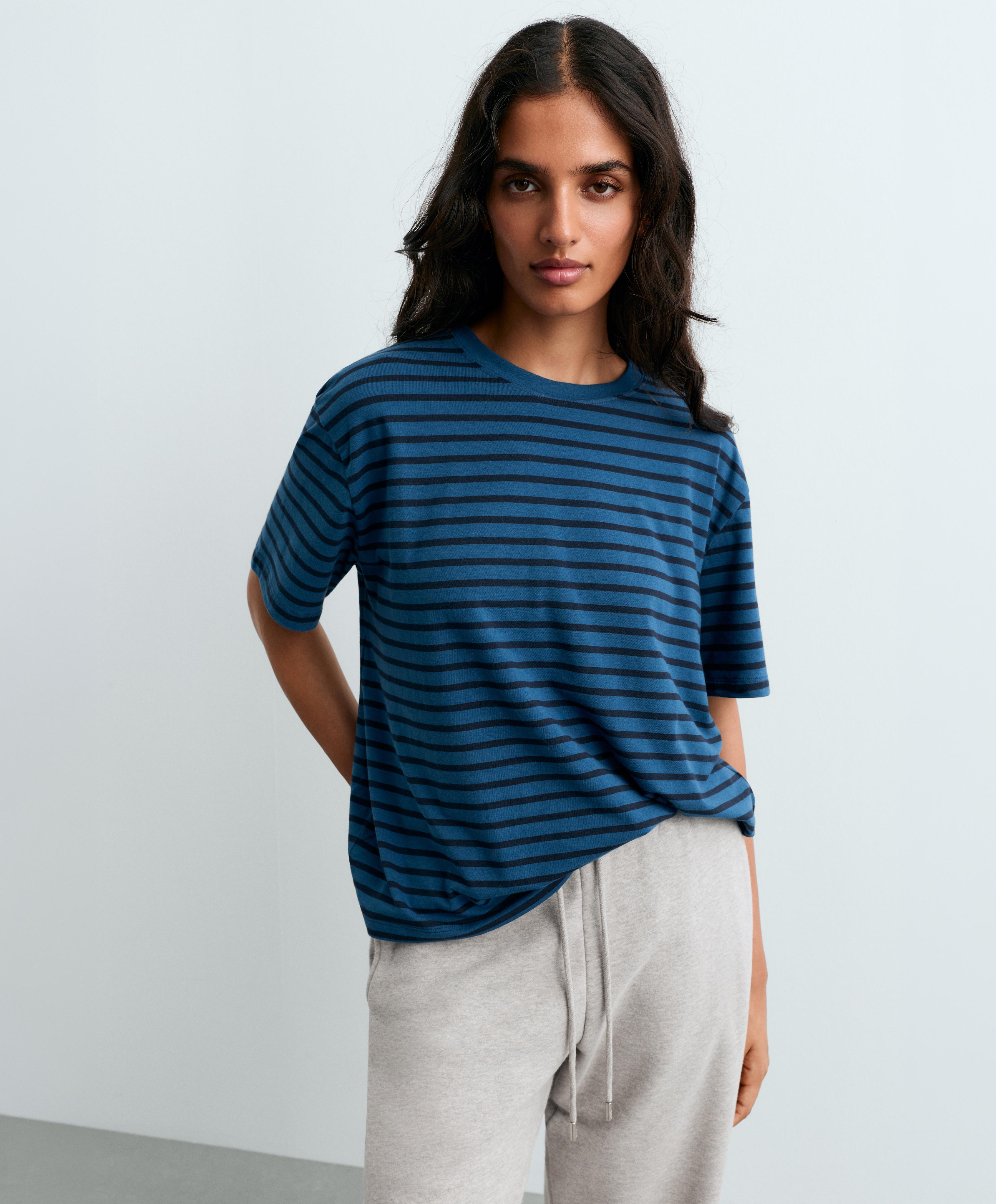Striped boxy cotton blend short-sleeved T-shirt — NAVY BLUE