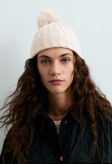 Knit pompom hat with cotton — ECRU 2
