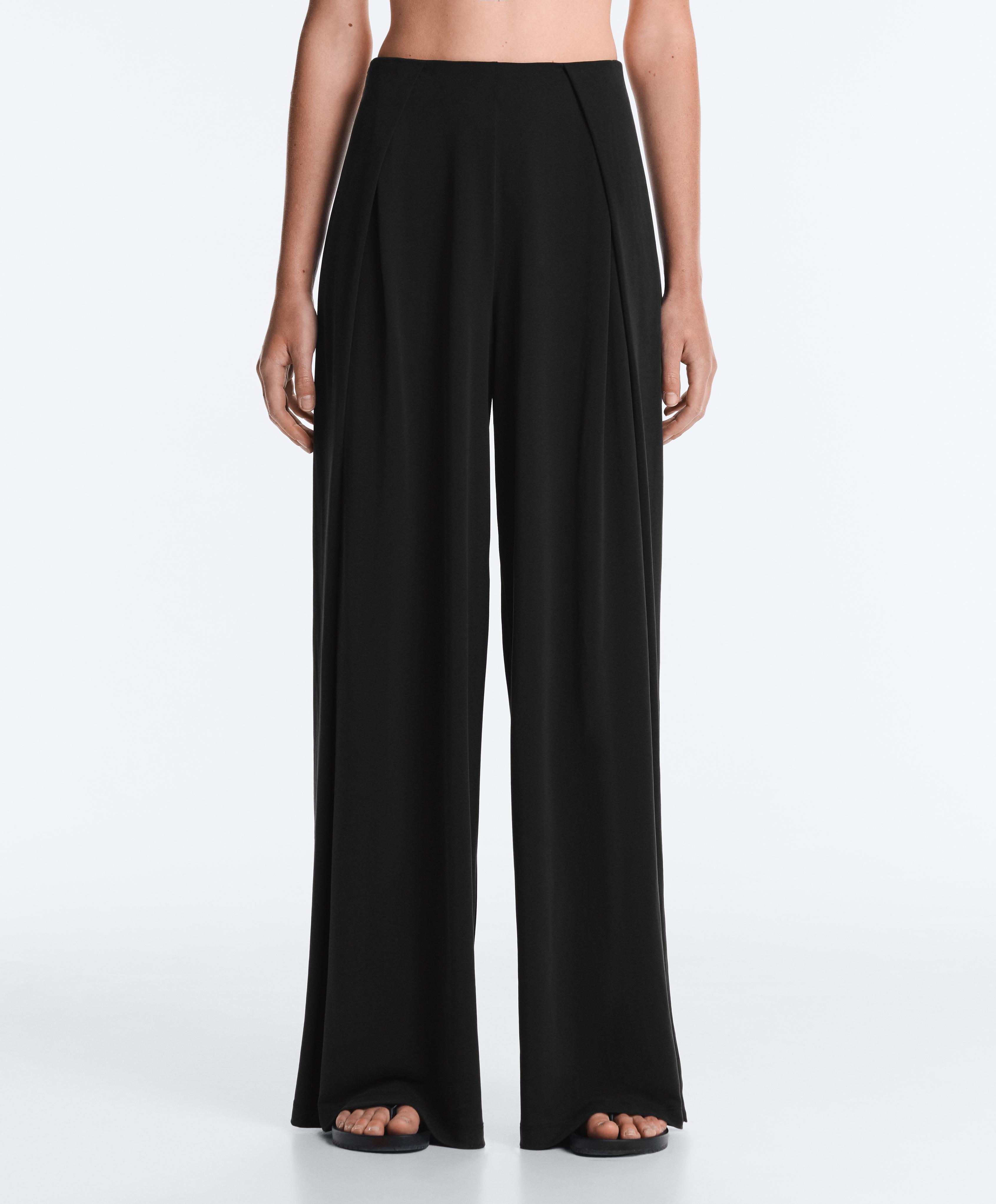 Modal blend straight-leg trousers with side pleat — BLACK