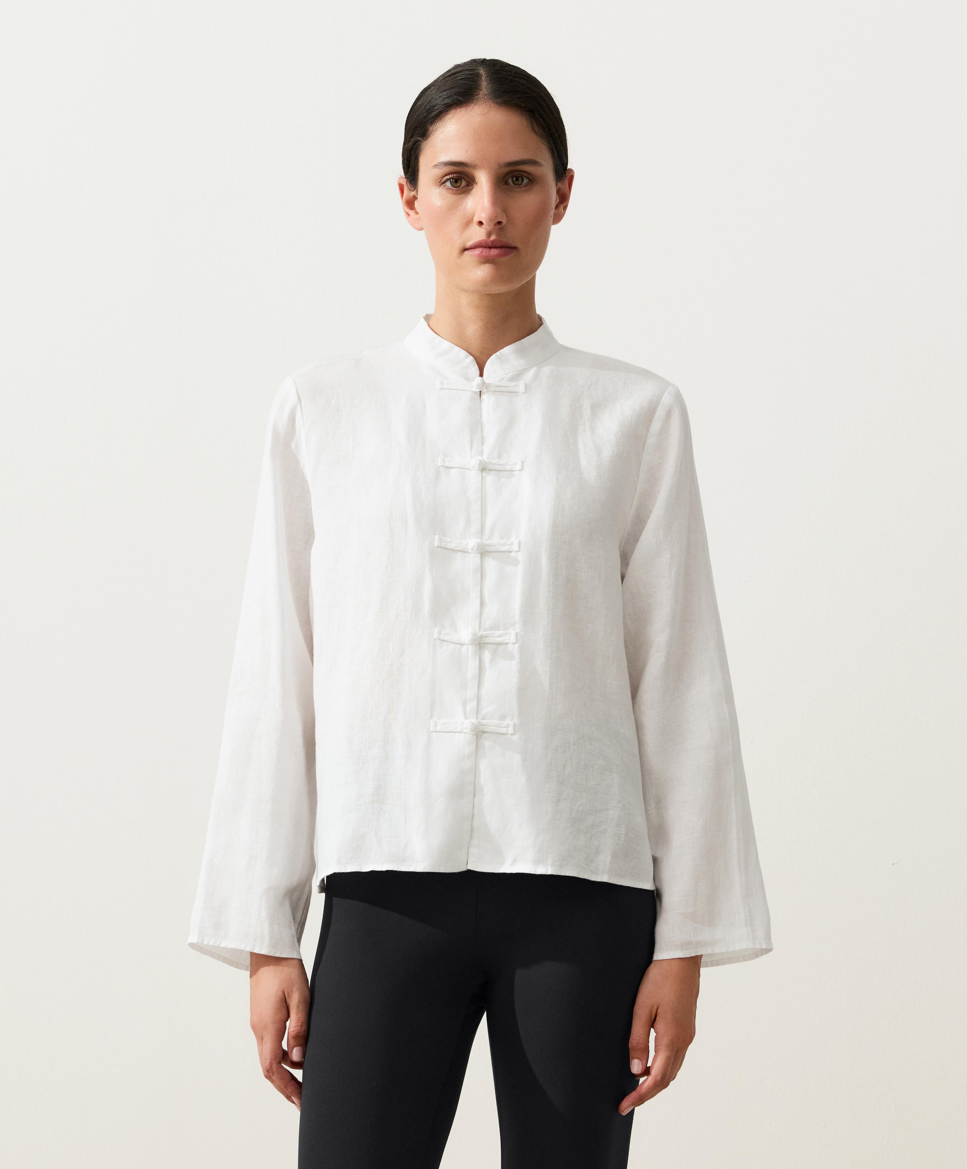 100% linen stand-up collar shirt — WHITE