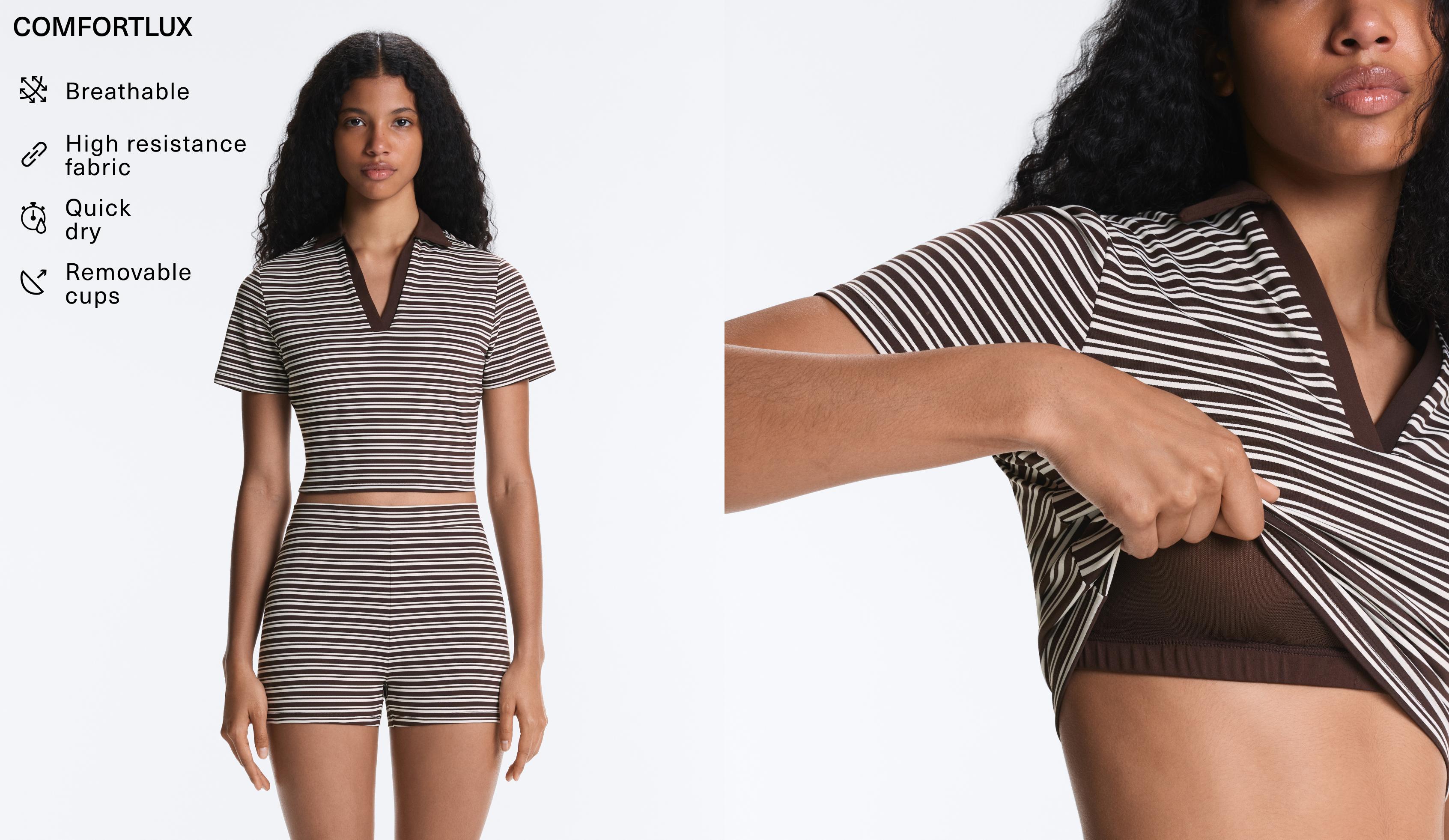 Comfortlux striped short-sleeve polo shirt — DARK BROWN