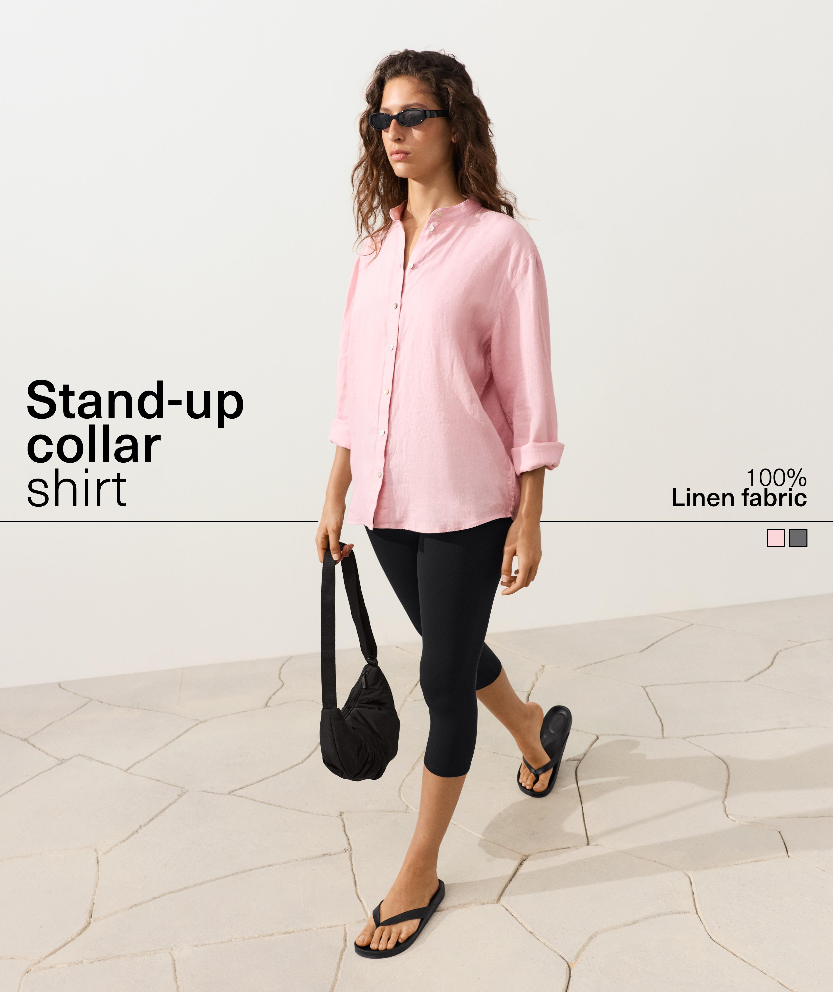 100% linen stand-up collar shirt — PALE PINK