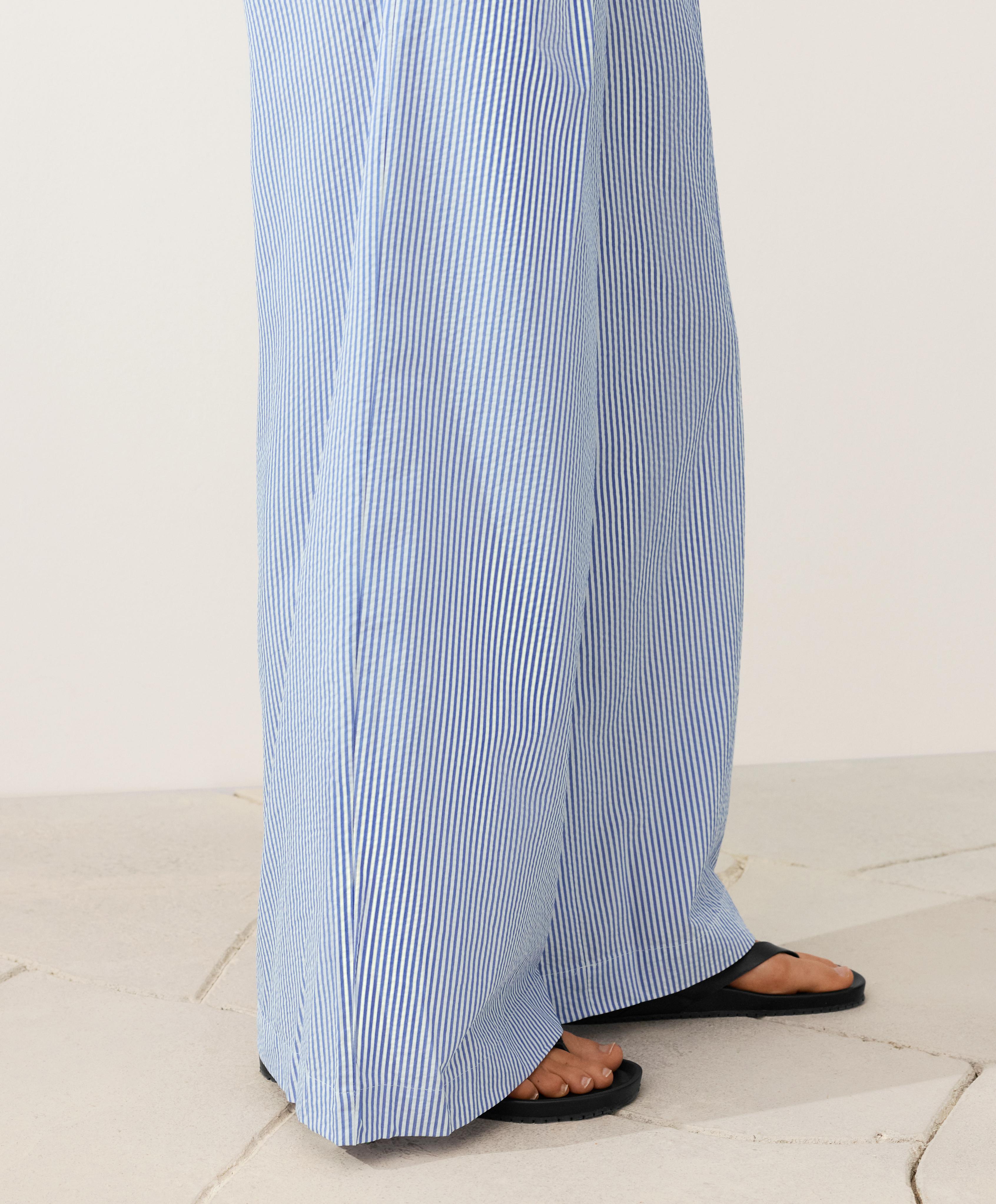 Wide-leg cotton blend striped trousers — PALE BLUE