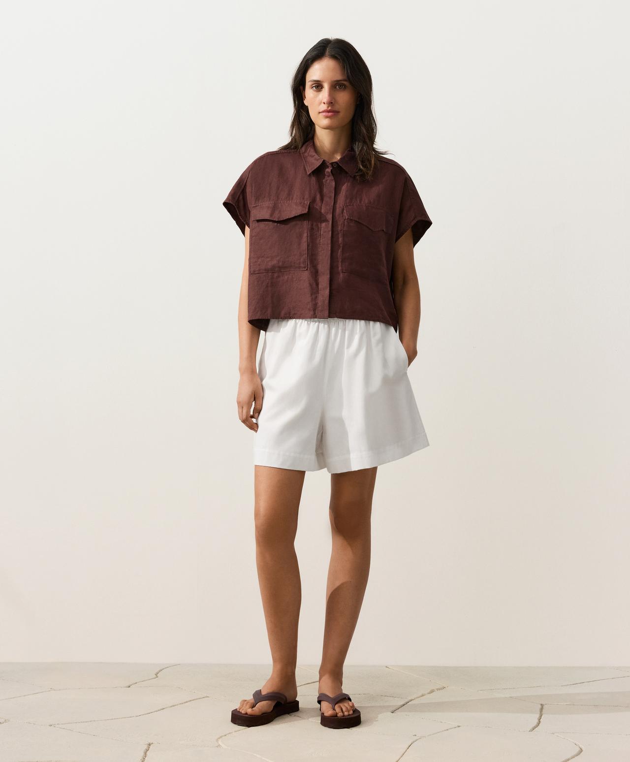 100% linen collared shirt with pockets — CHOCOLATE