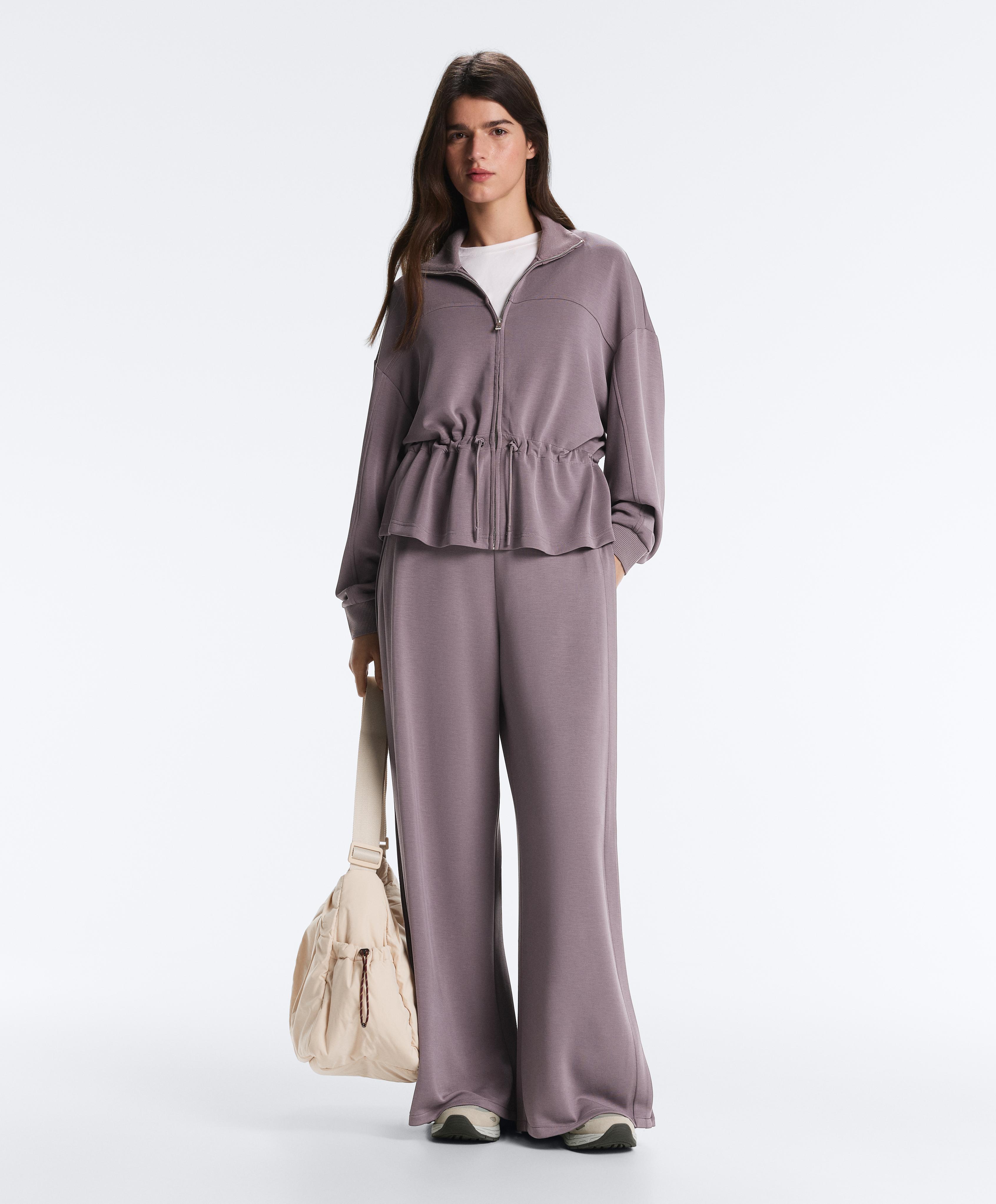 Soft-touch modal jacket with adjustable waist and high collar — GREY-LILAC