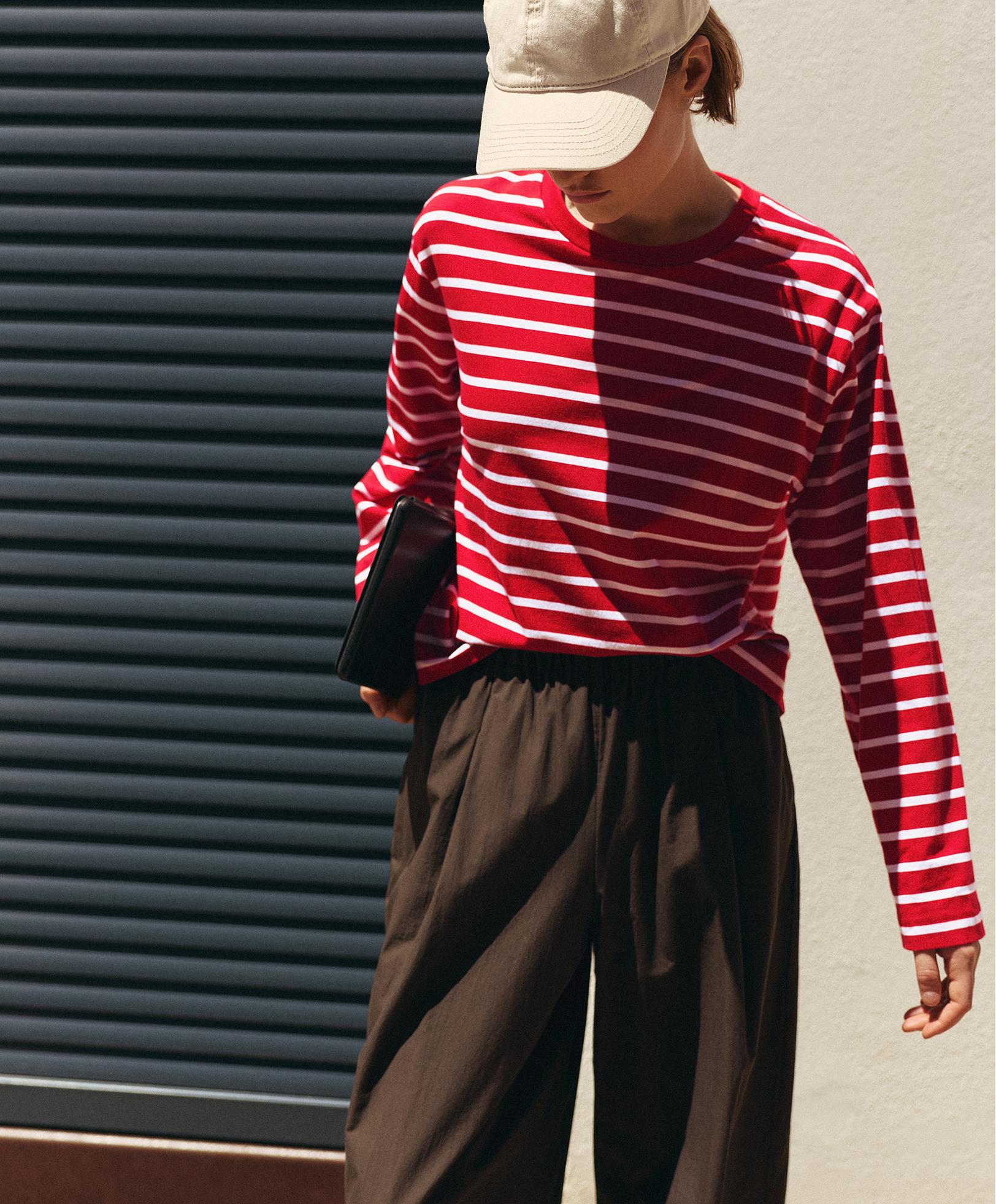 Boxy long-sleeved striped cotton-blend T-shirt — RED