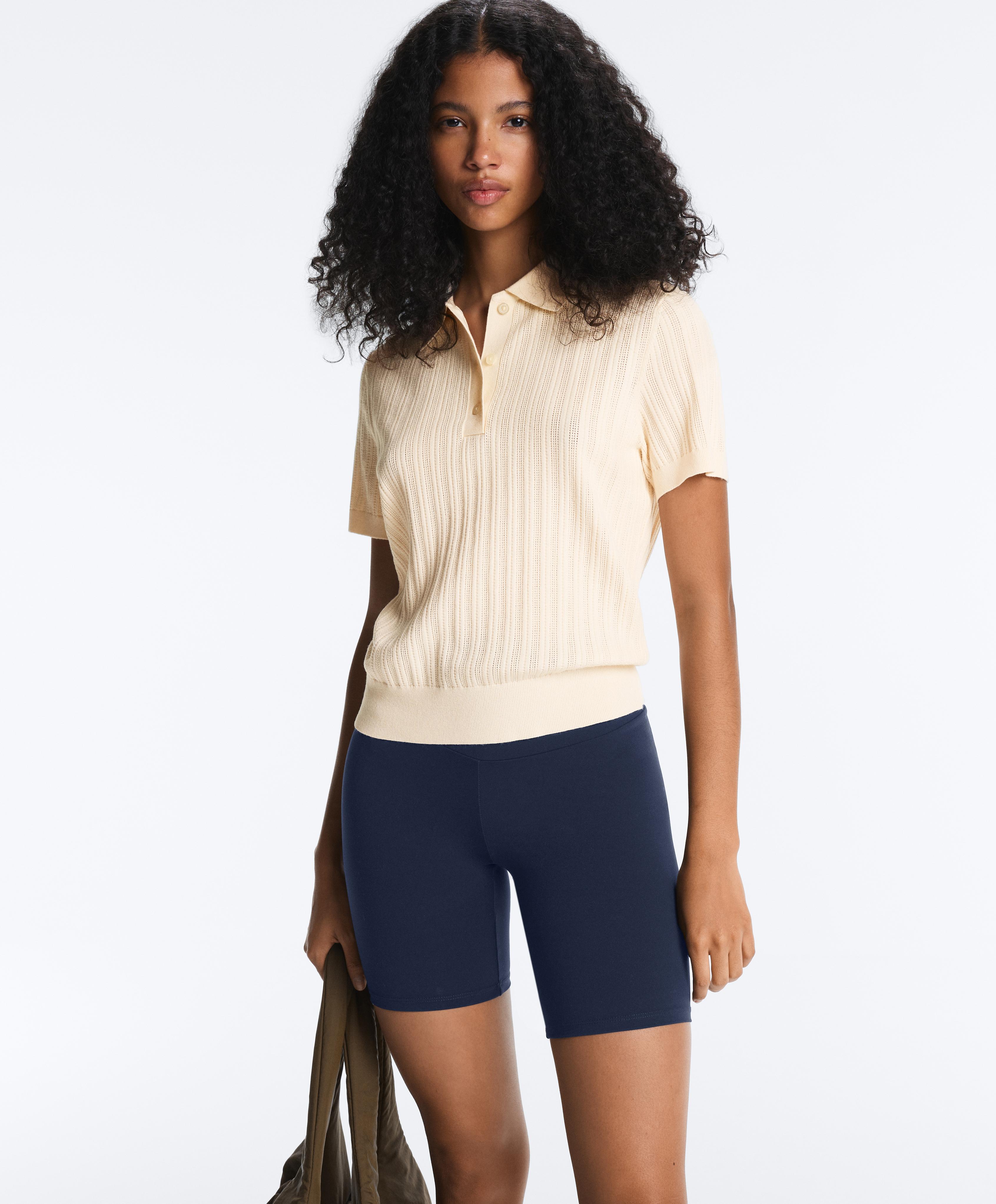 Short sleeve open knit polo shirt — ECRU