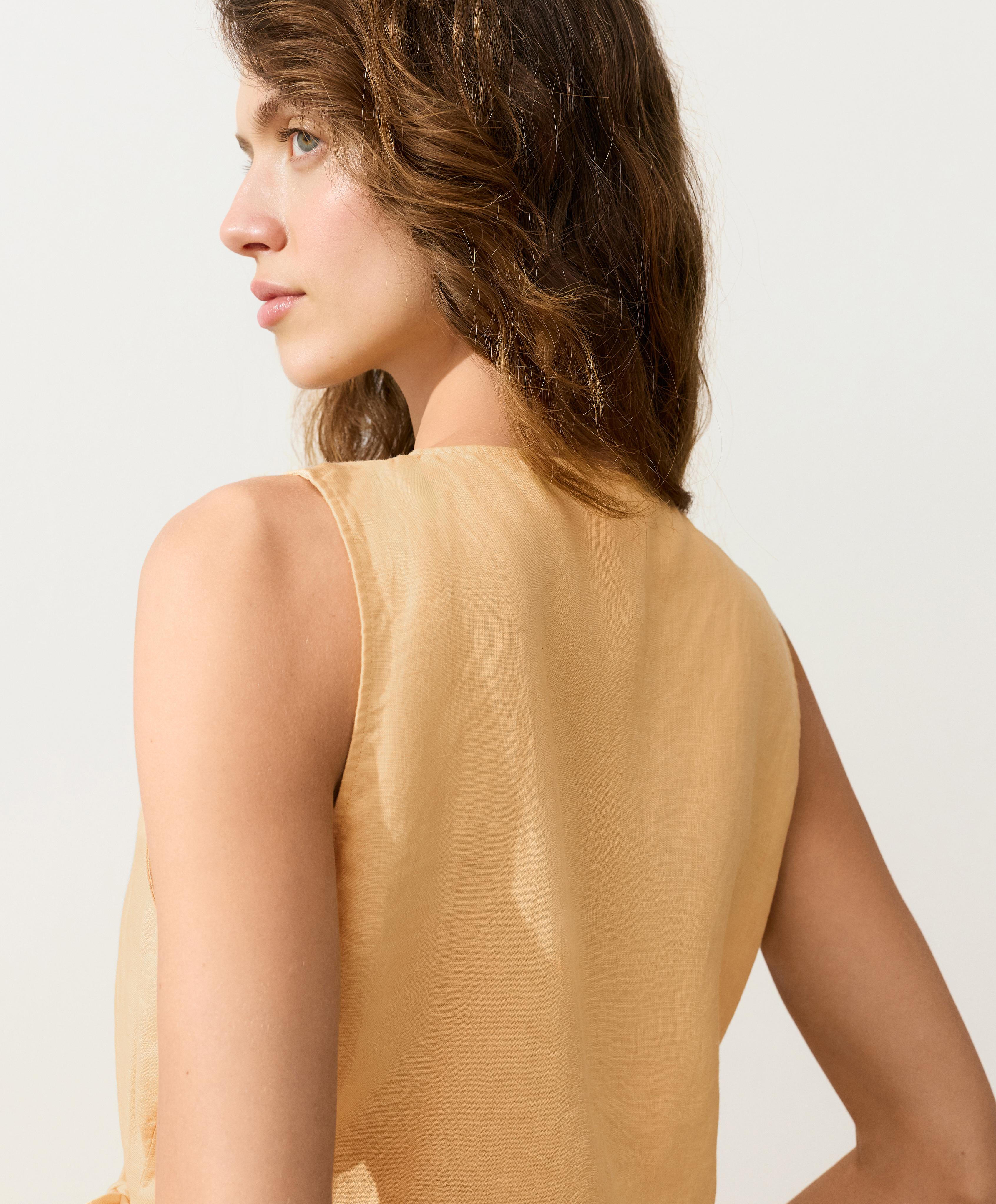 100% linen square neck crossover tie top — BURNT YELLOW