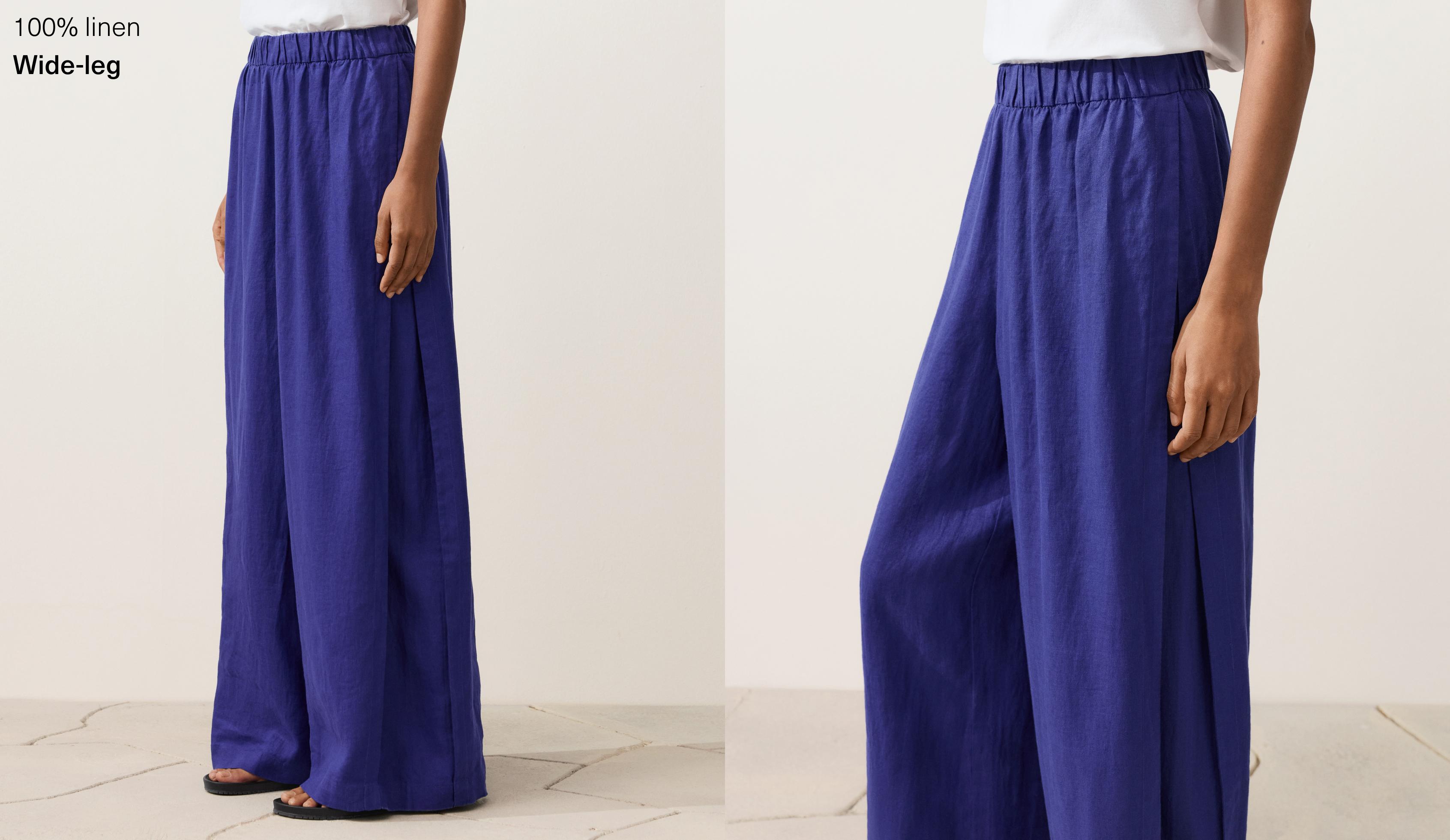 100% linen wide-leg trousers with side pleat — COBALT