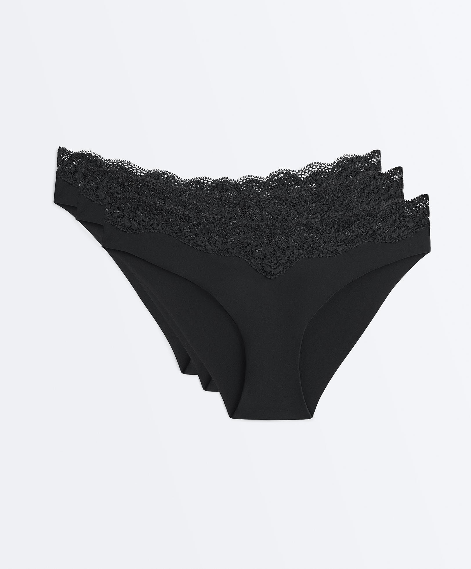 3 laser-cut polyamide blend V-cut lace bikini briefs — BLACK