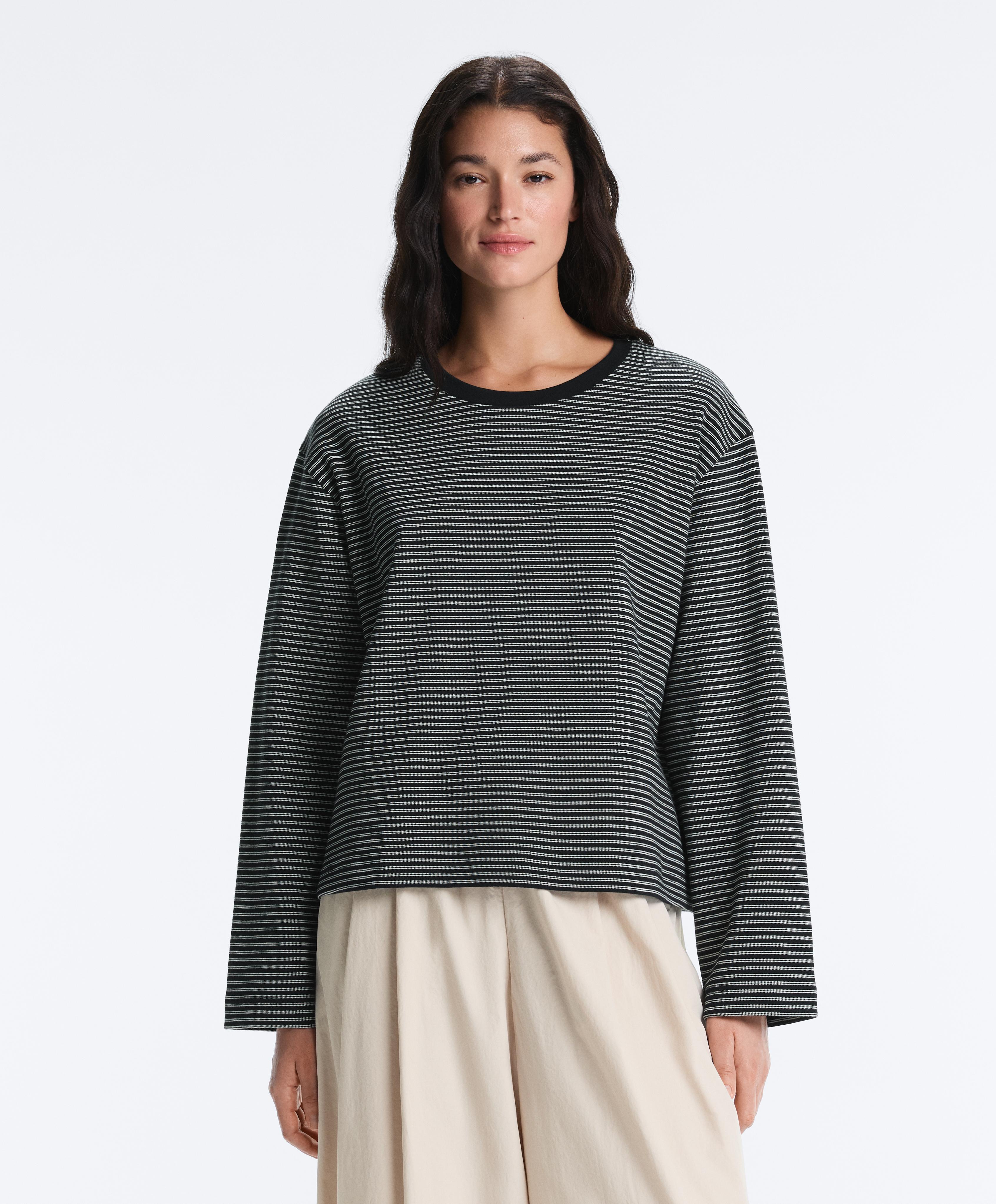 Striped cotton blend long sleeve relaxed T-shirt — BLACK
