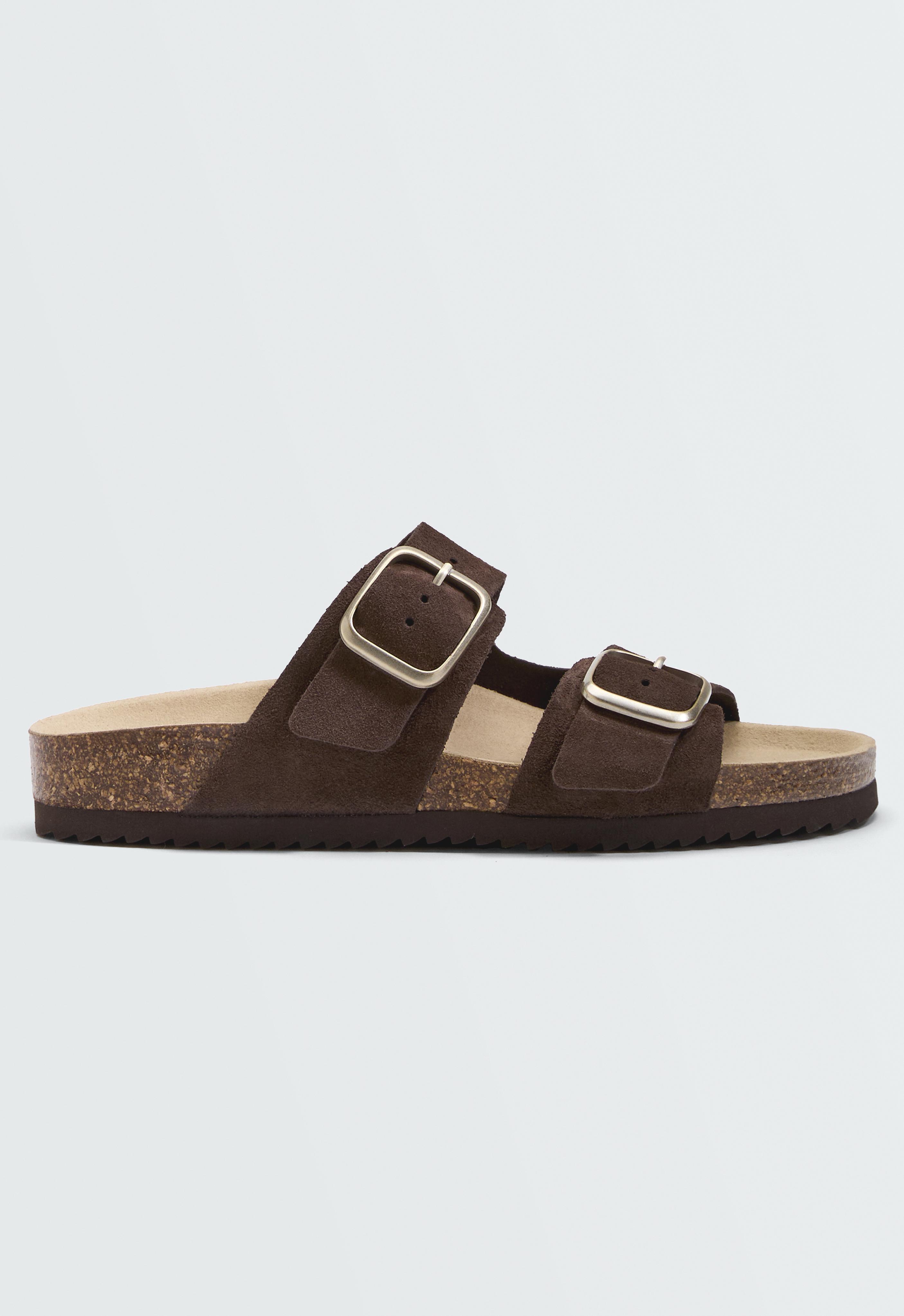 Buckle split-leather slides — BROWN