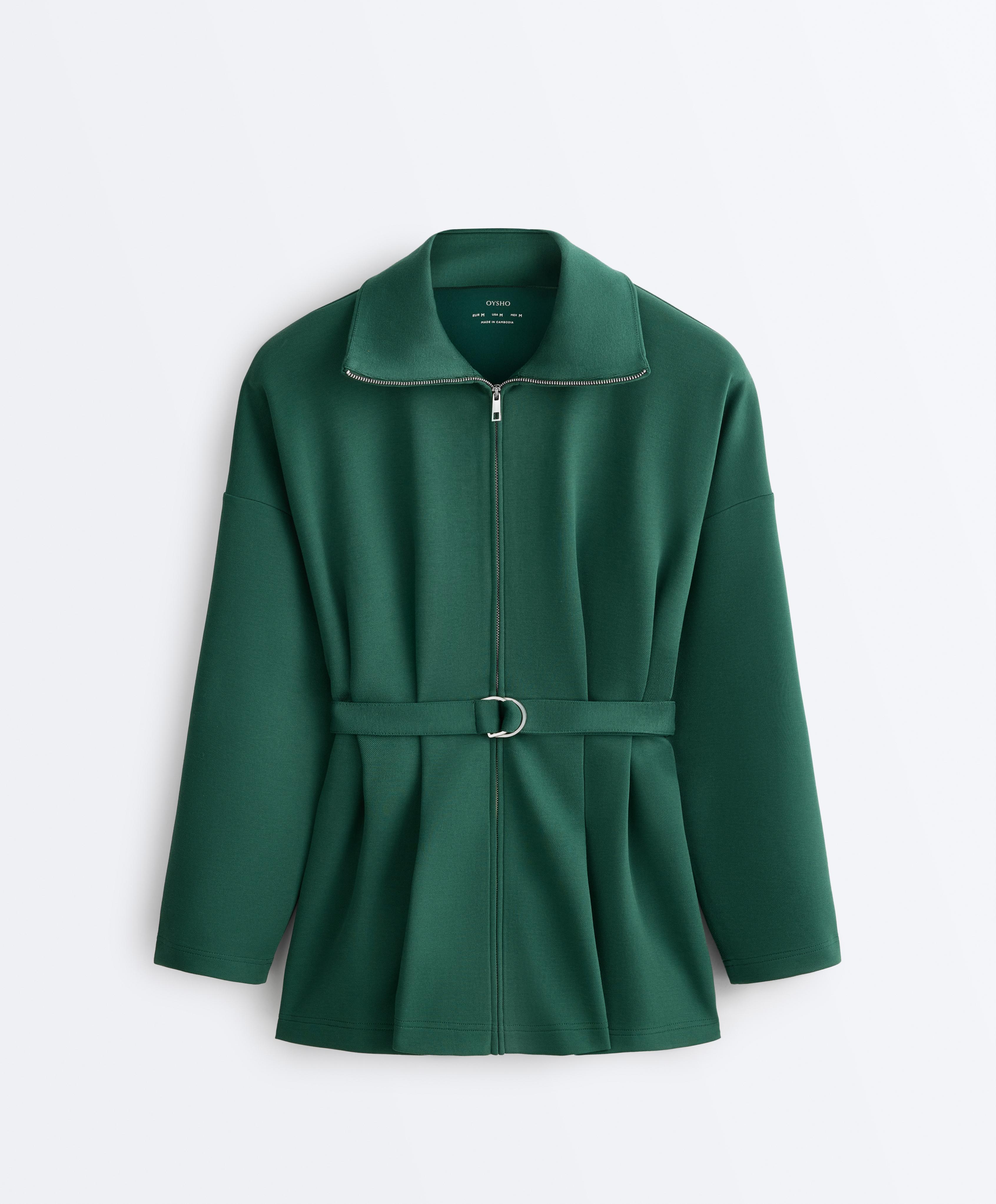 Long cotton piqué belted jacket — DARK EMERALD