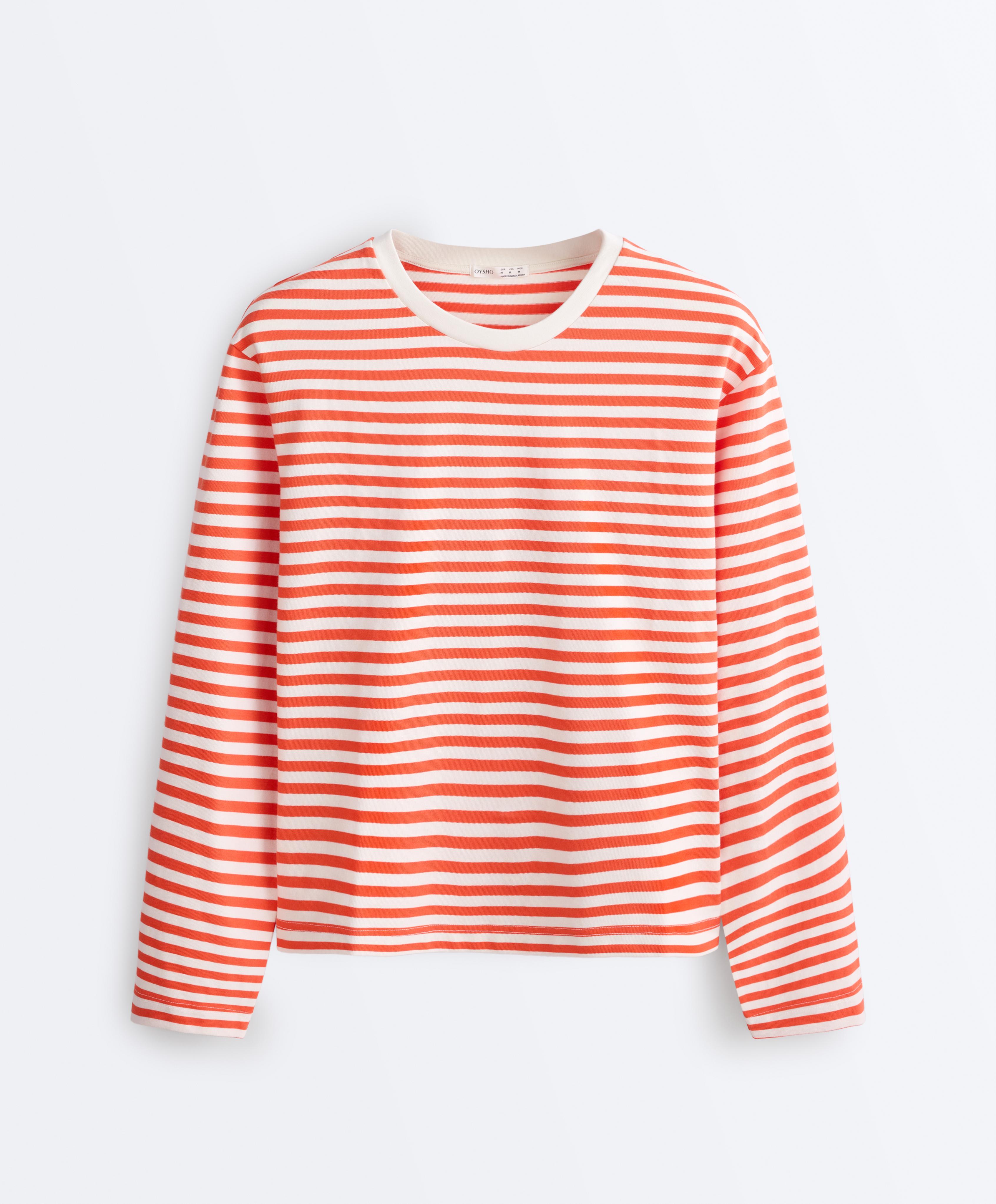 Boxy long-sleeved stripe 100% cotton T-shirt — BRIGHT ORANGE