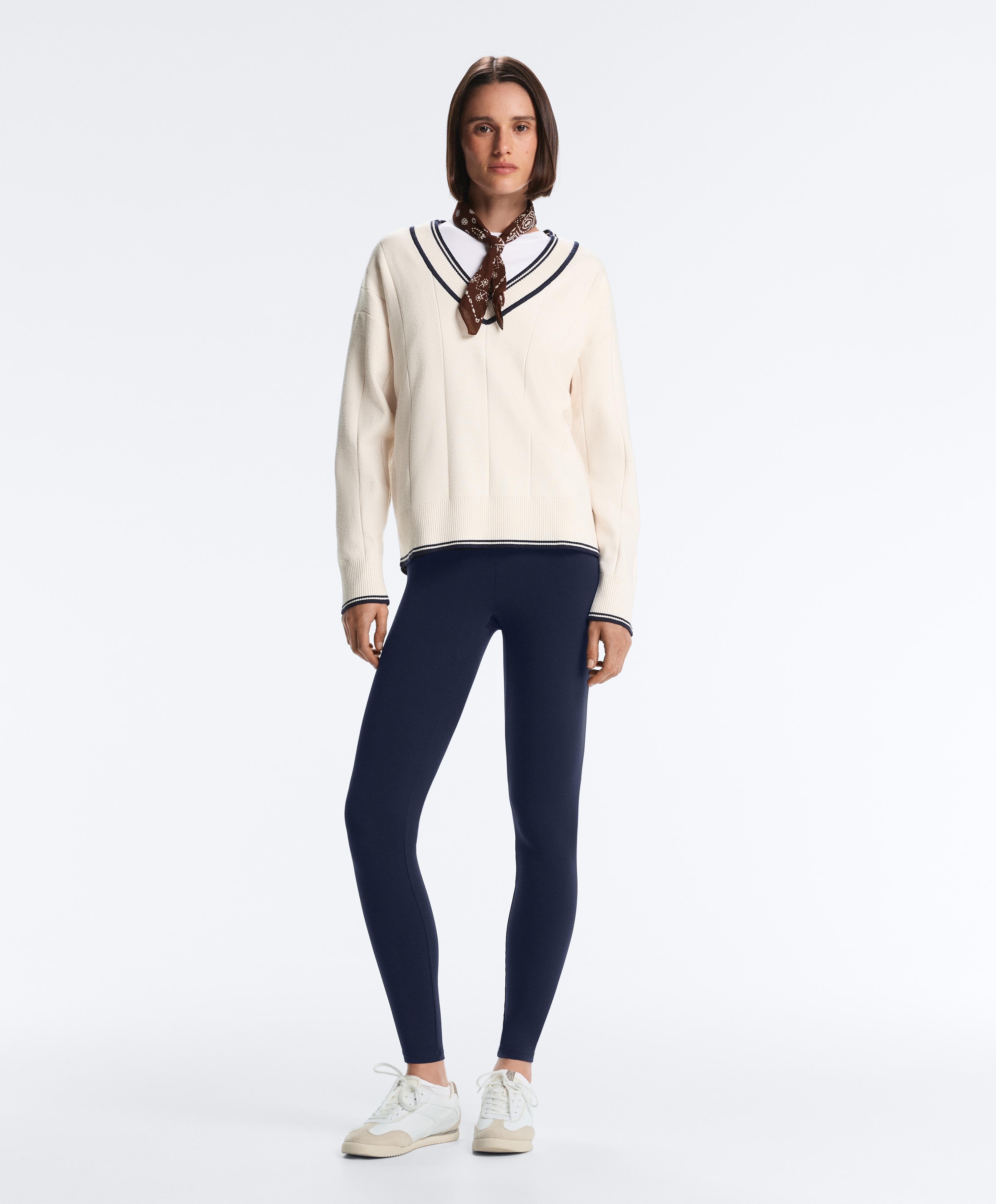 Contrast V-neck knit jumper — PALE ECRU