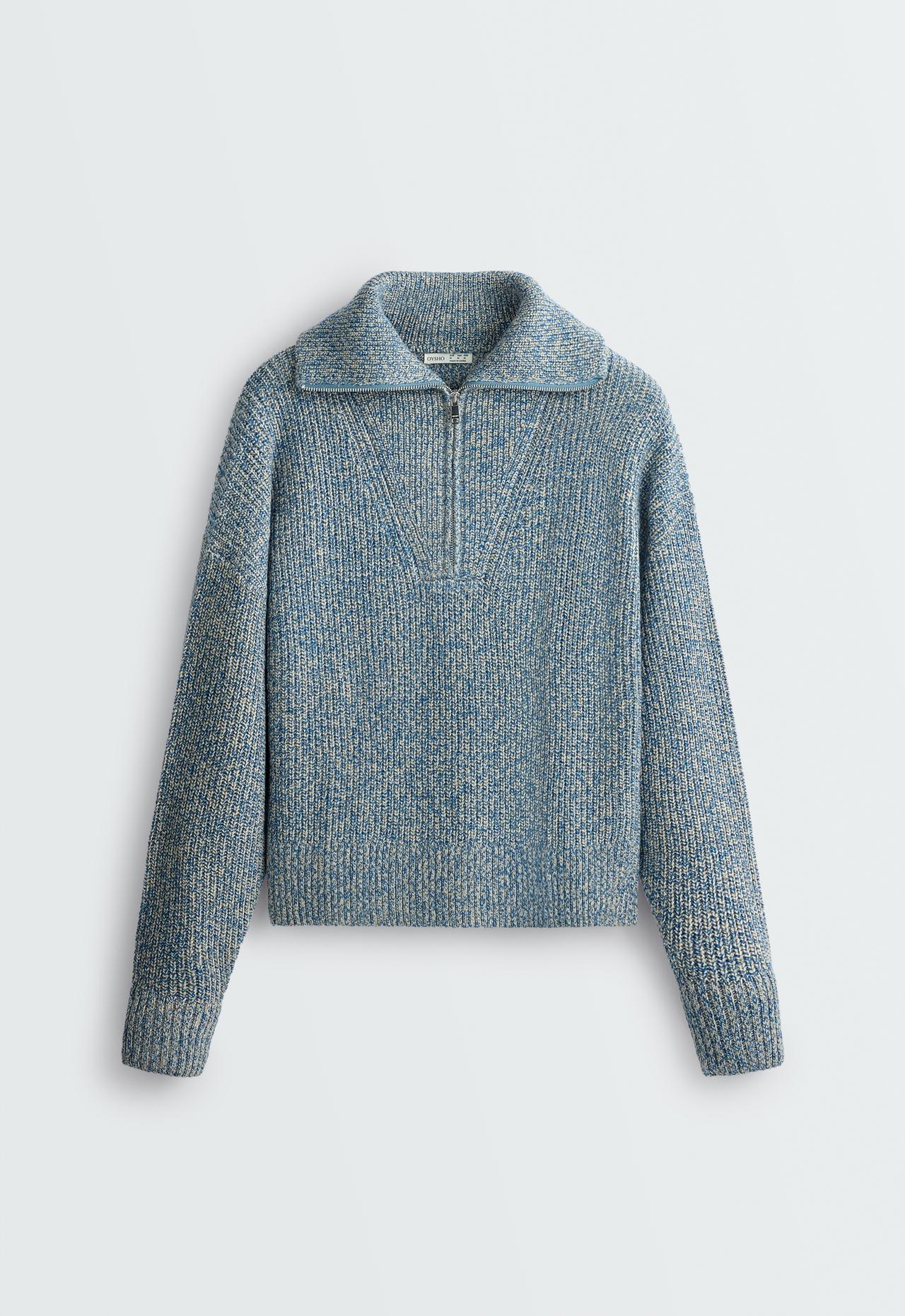 Marled knit jumper with half zip — GREY-BLUE