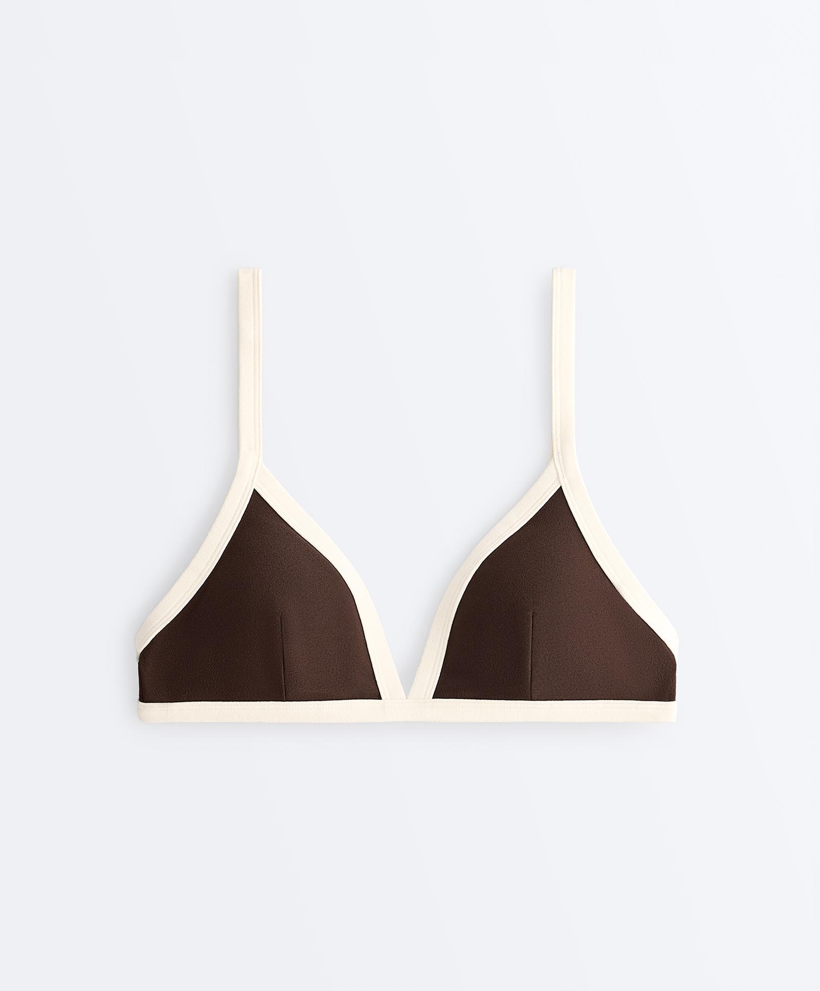 Contrast trim triangle bikini top — DARK BROWN