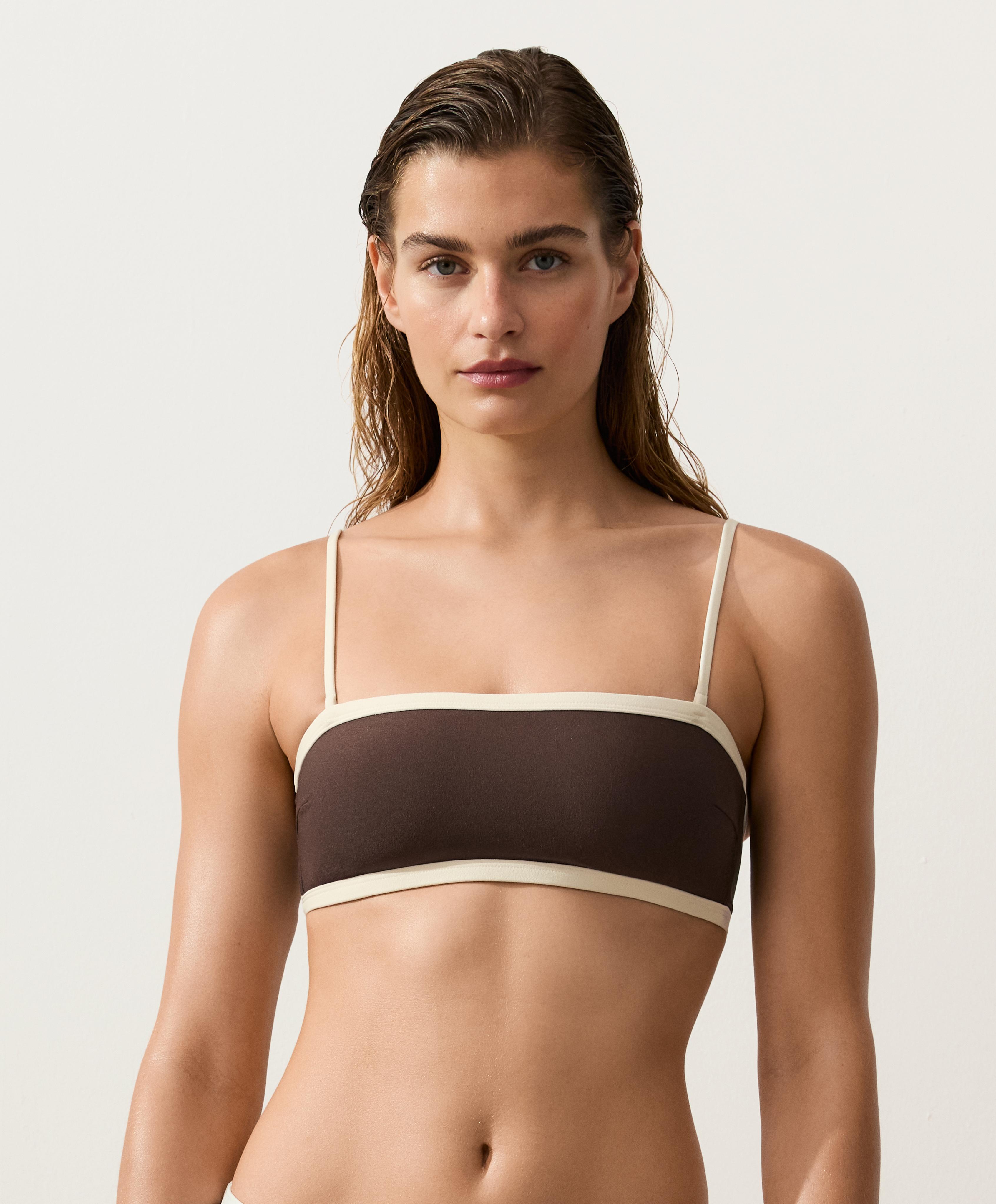 Contrast trim bandeau bikini — DARK BROWN