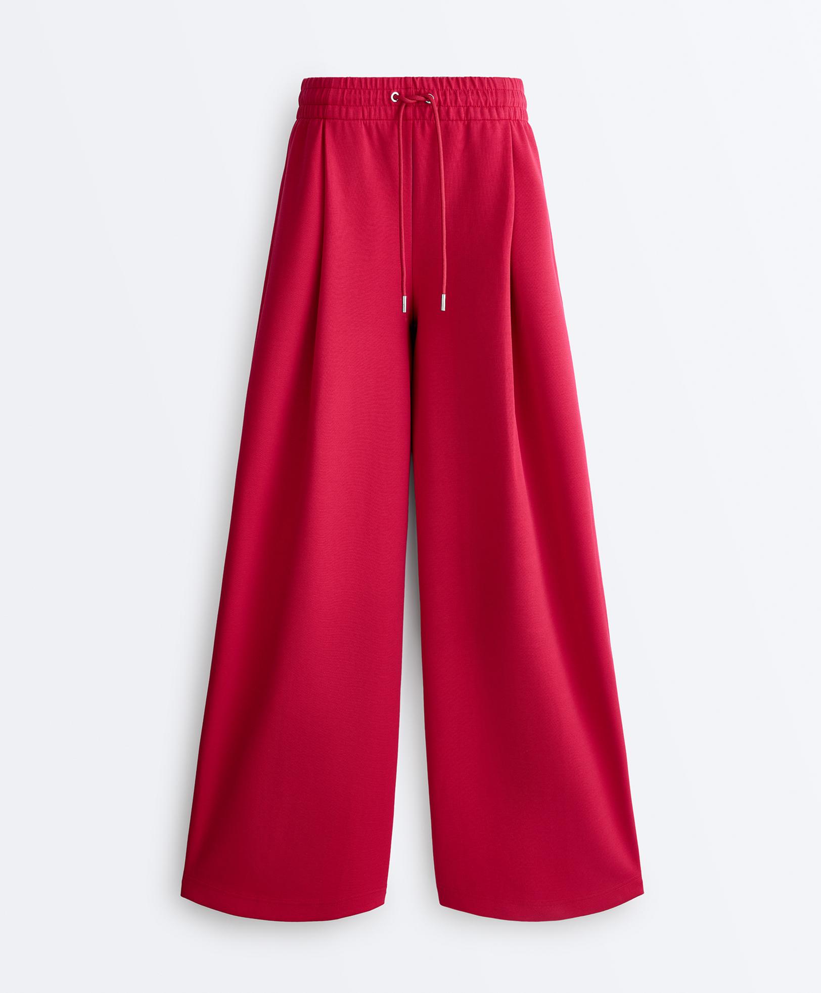 Wide-leg piqué pleat trousers with cotton — RED