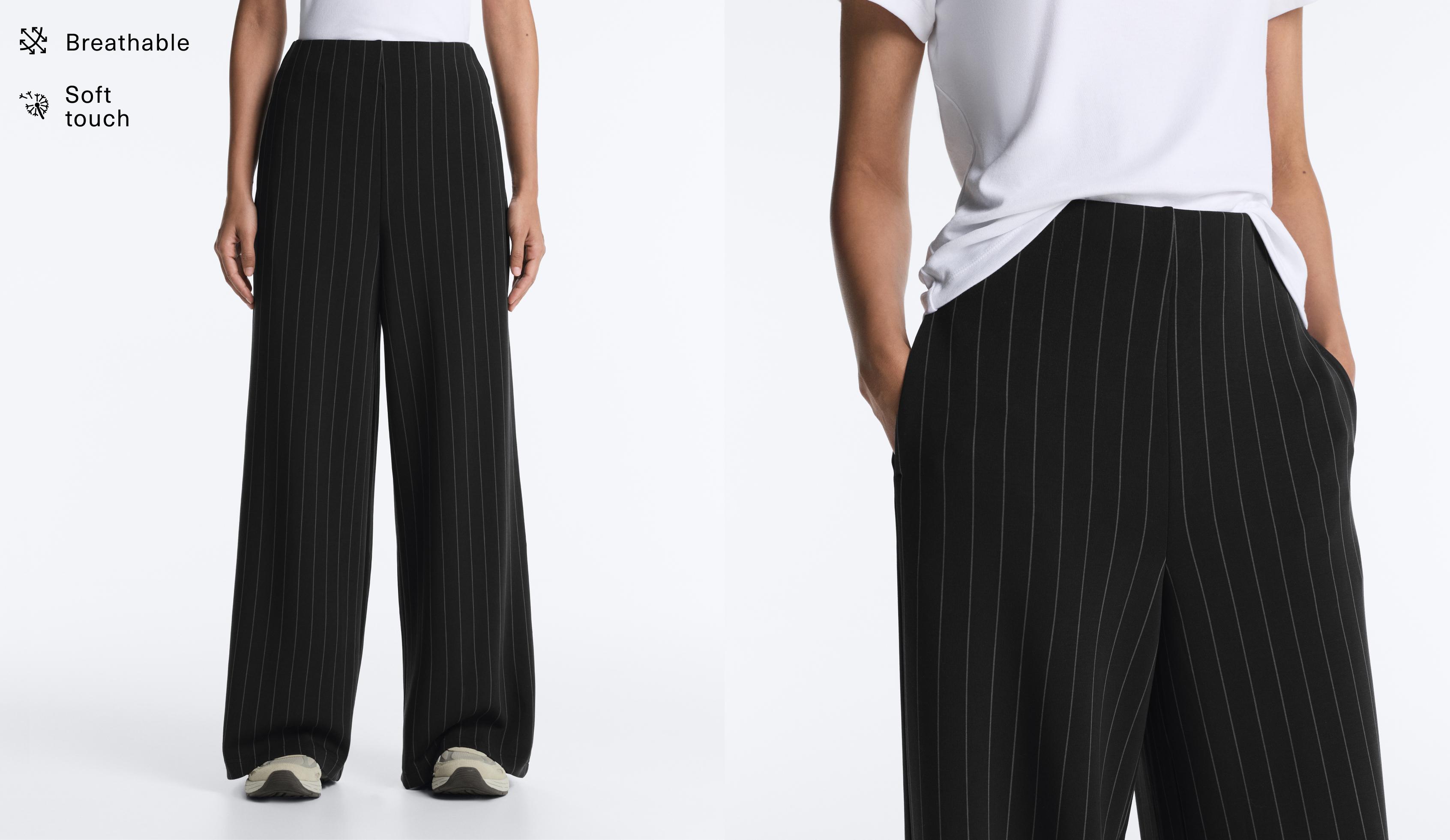 Soft touch pinstripe wide leg high rise trousers — BLACK
