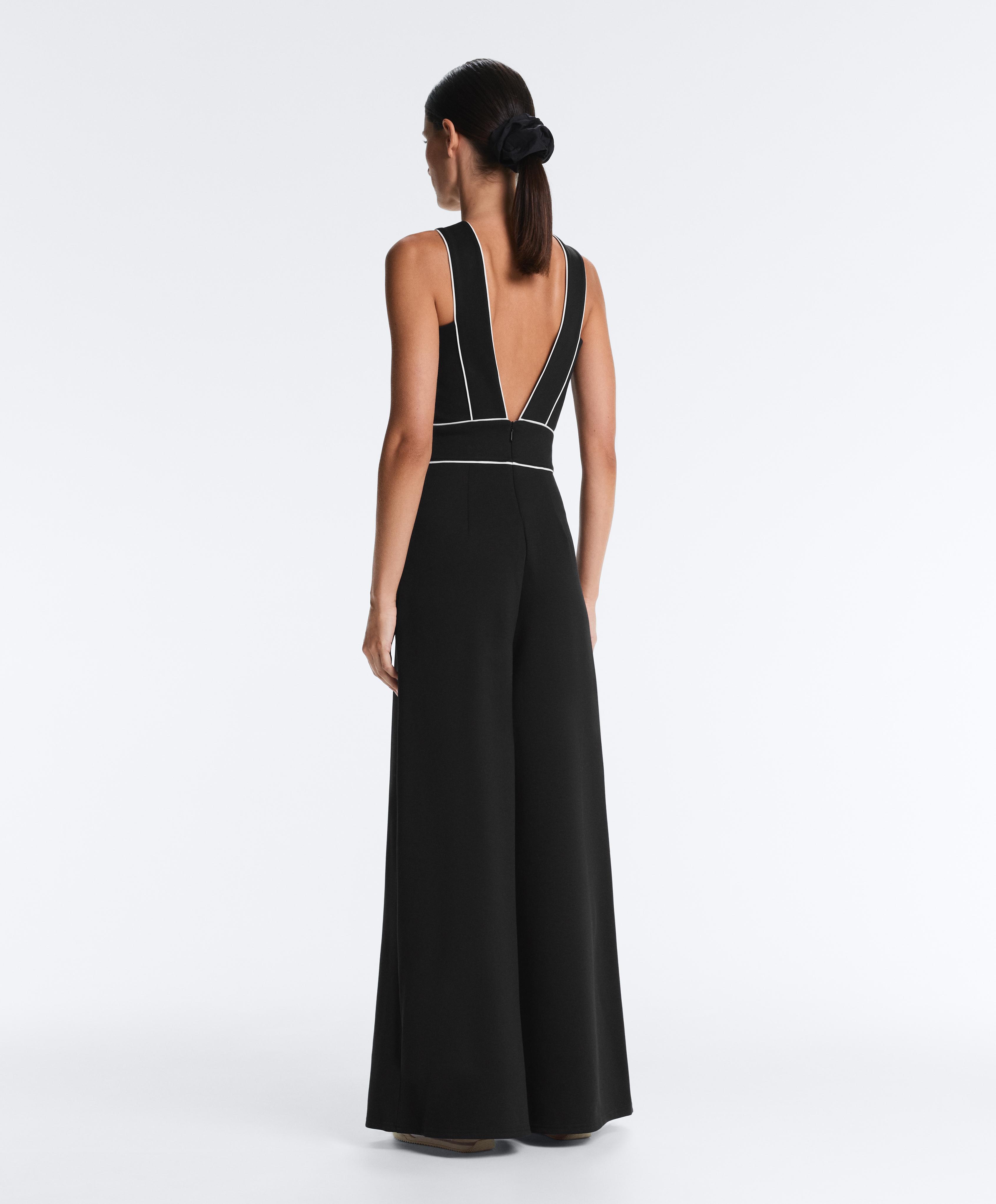 Long piping piqué jumpsuit with cotton — BLACK