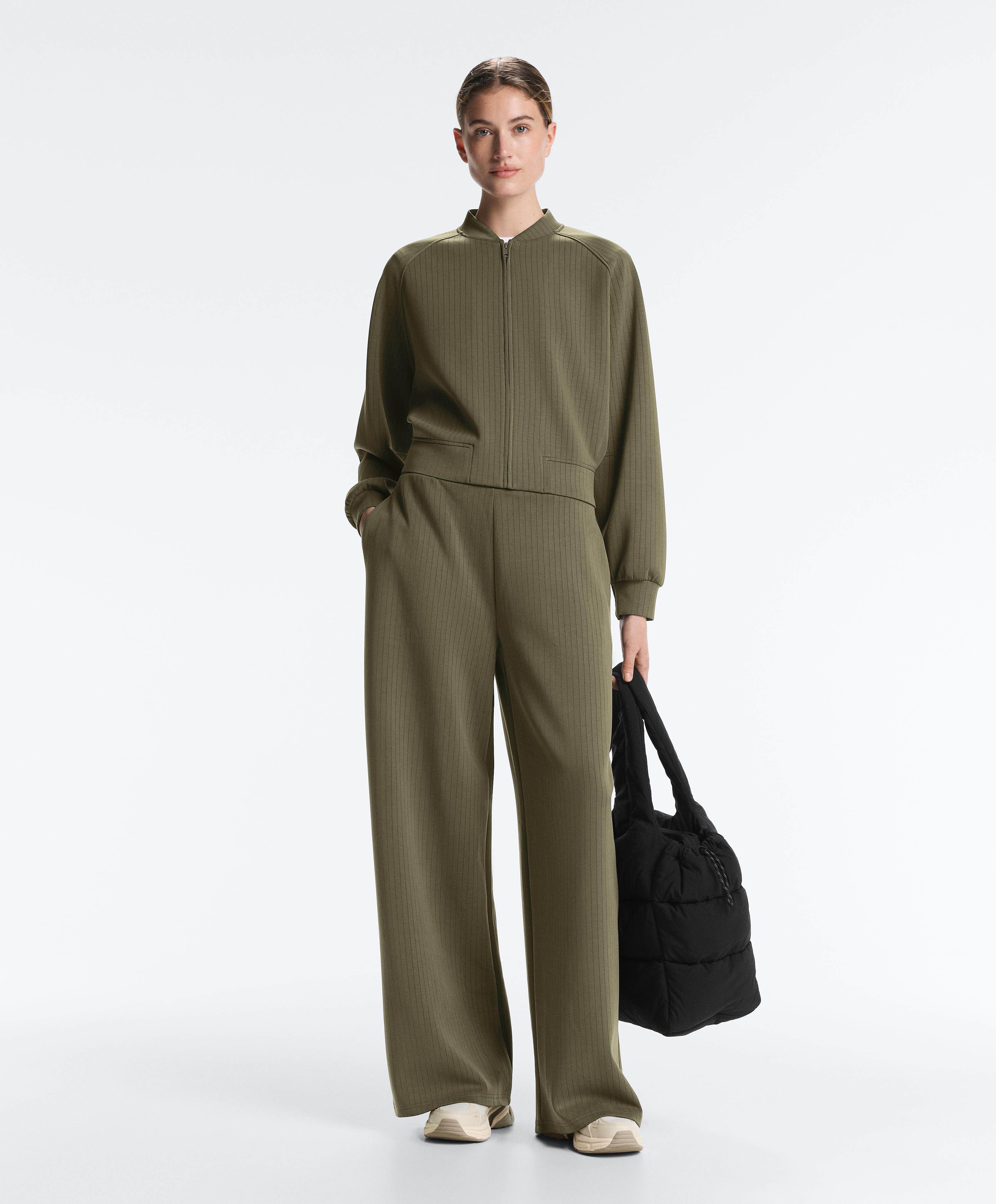 Striped bomber jacket with soft-touch modal — KHAKI
