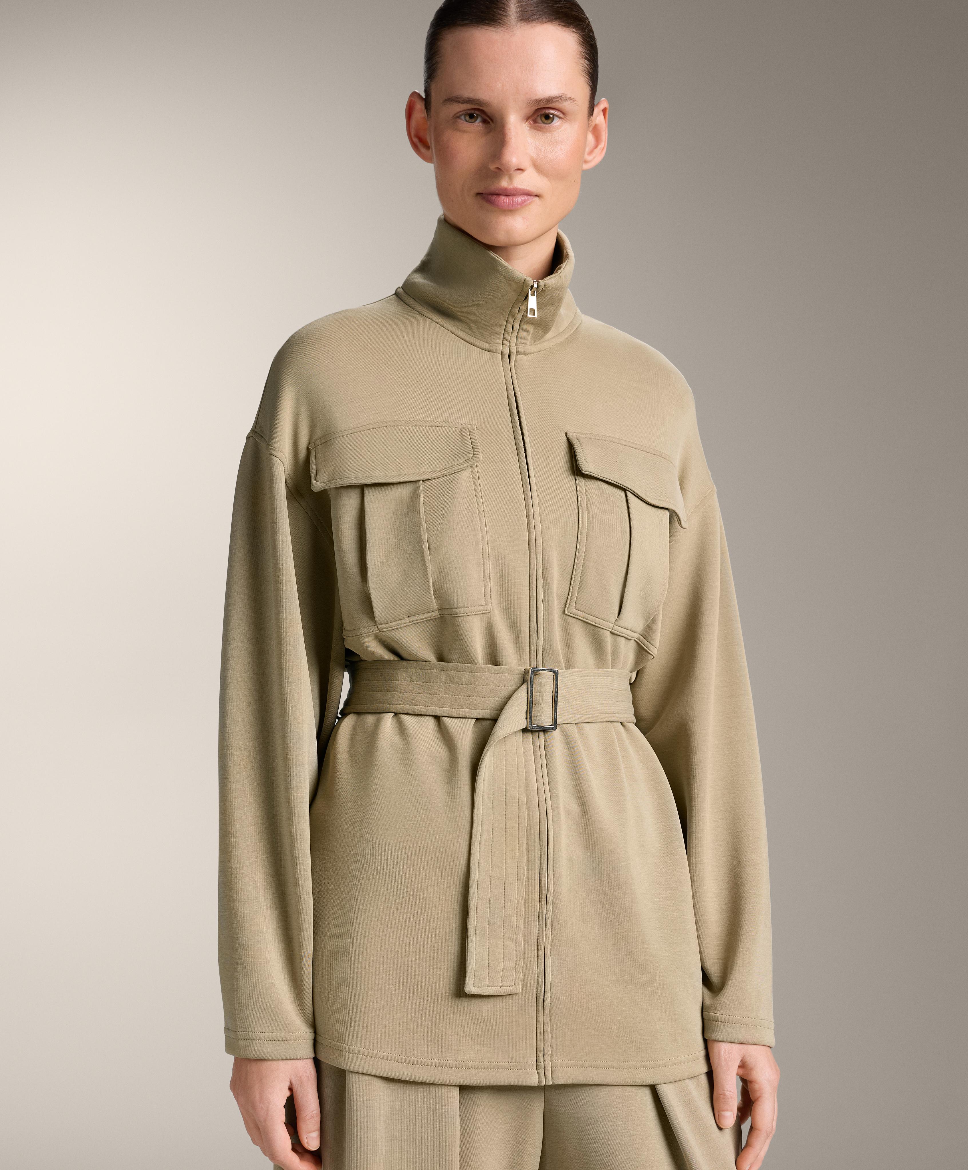 Long soft-touch jacket with modal and belt — GREEN BEIGE
