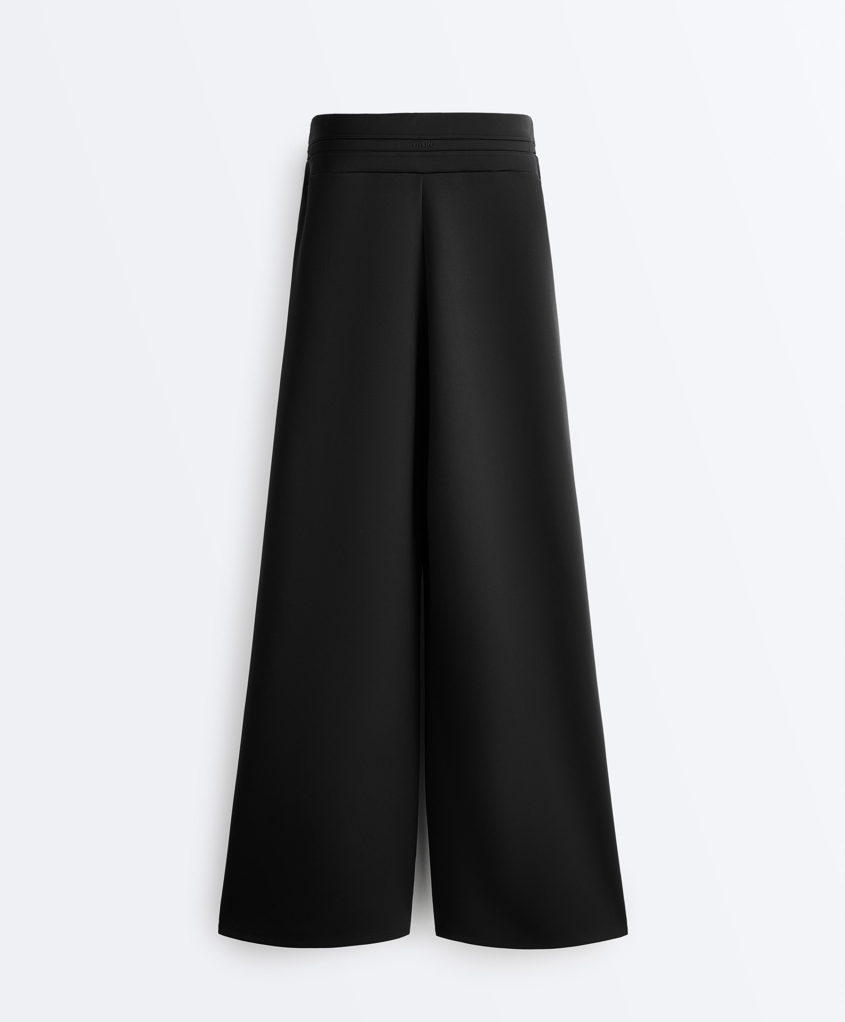 Neoprene-effect wide-leg trousers — BLACK