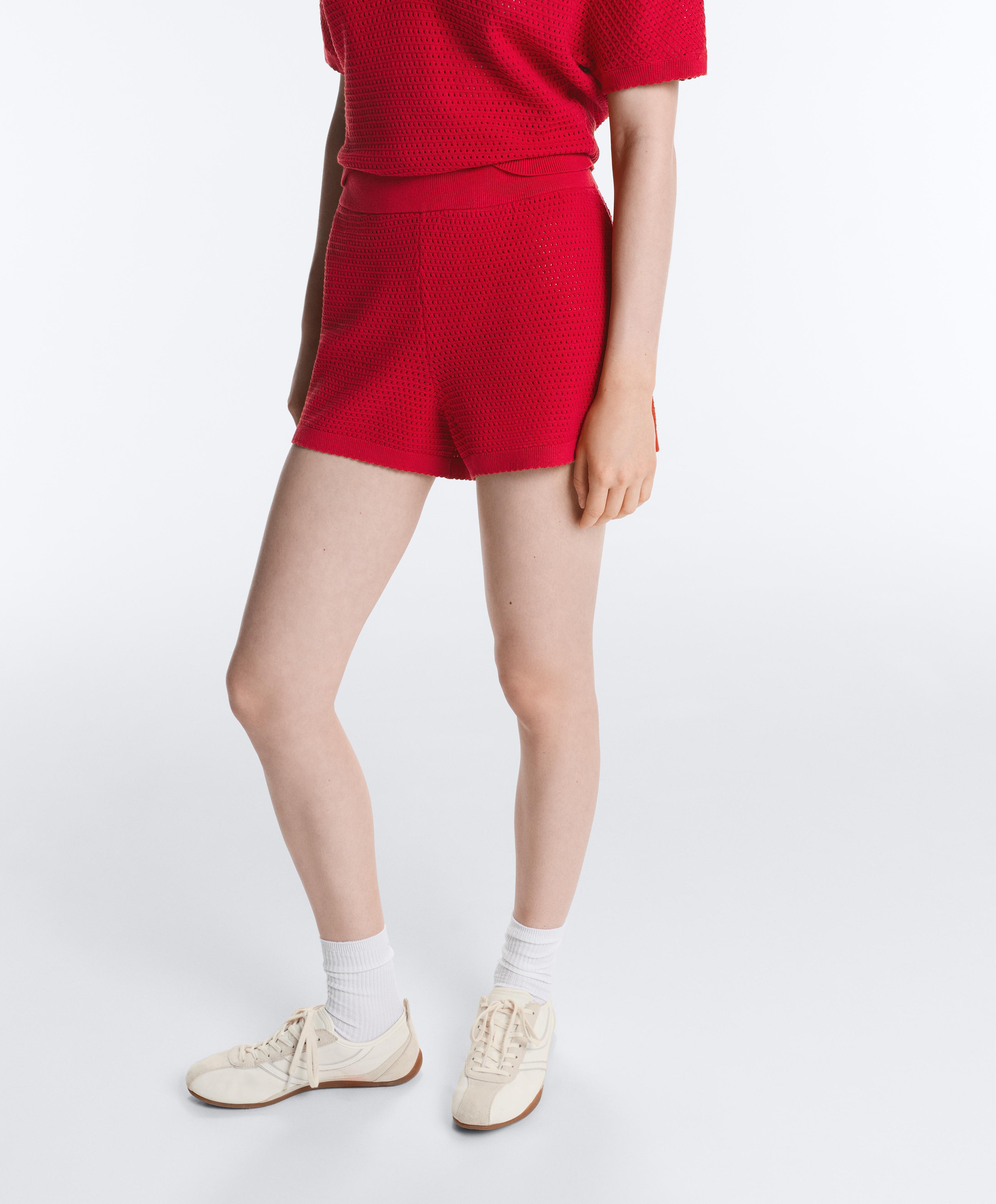Cotton openwork knit shorts — BRIGHT RED