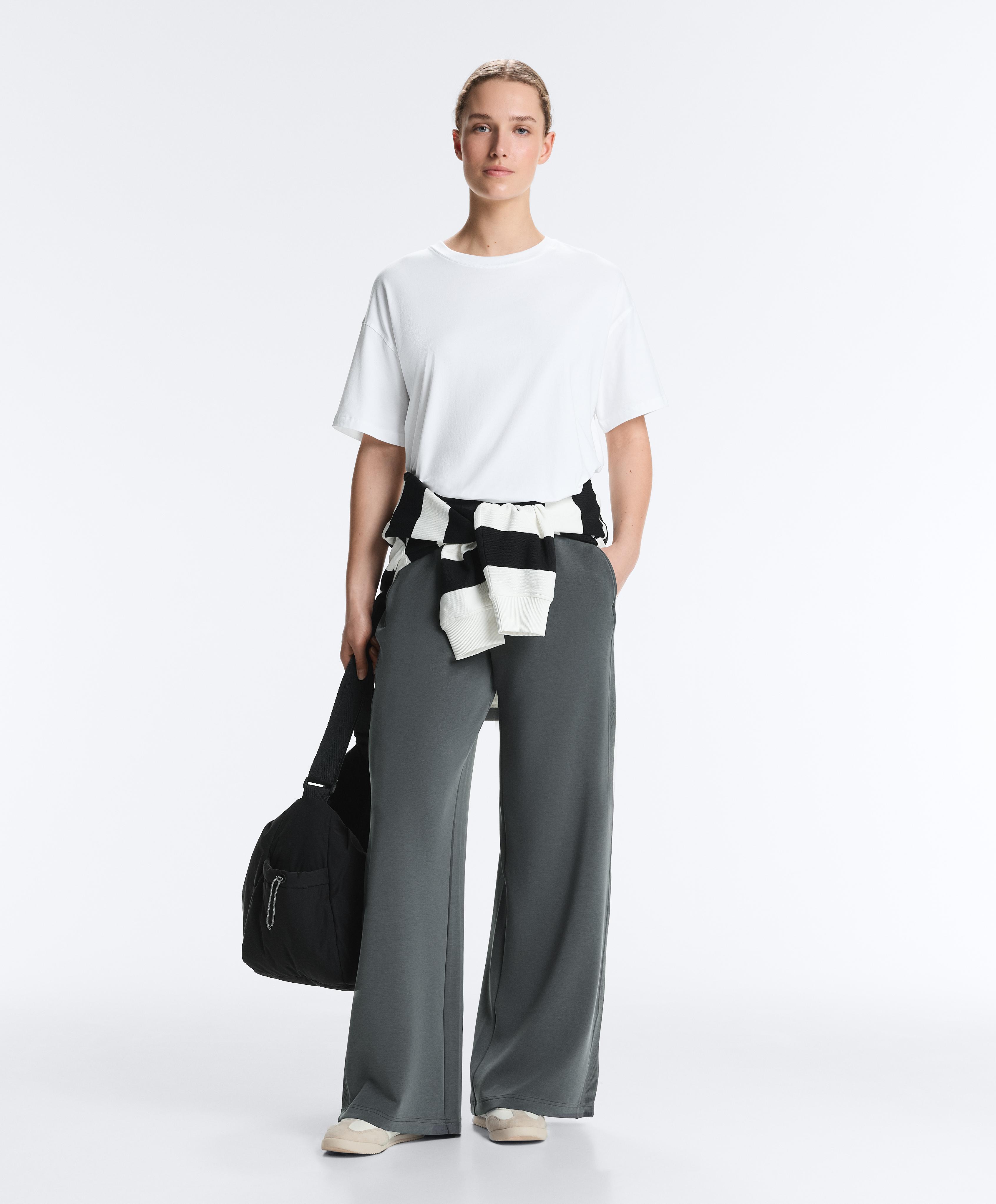 Side rib straight-leg trousers with soft-touch modal — ASPHALT