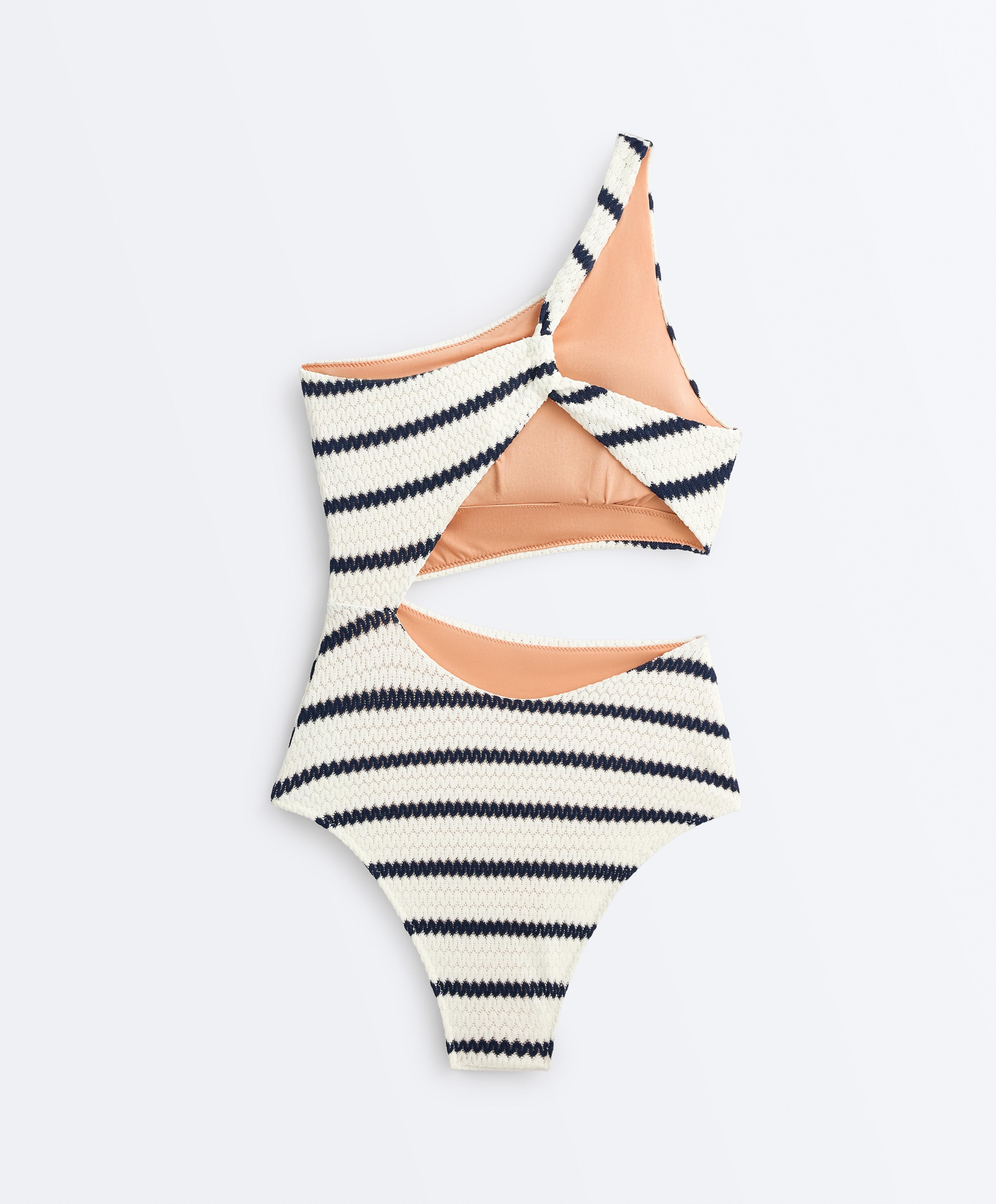 Crochet stripe asymmetric trikini — PALE ECRU