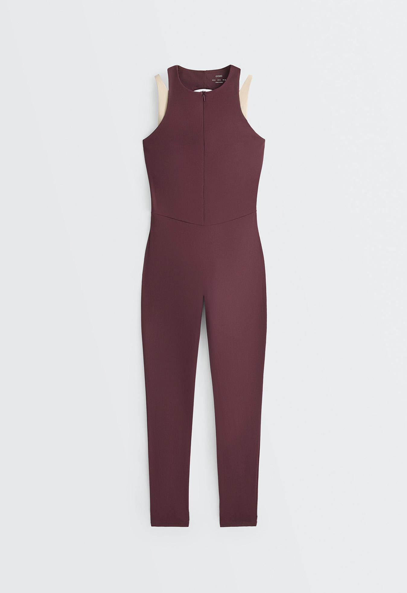 Comfortlux long jumpsuit with contrast overlay — PLUM