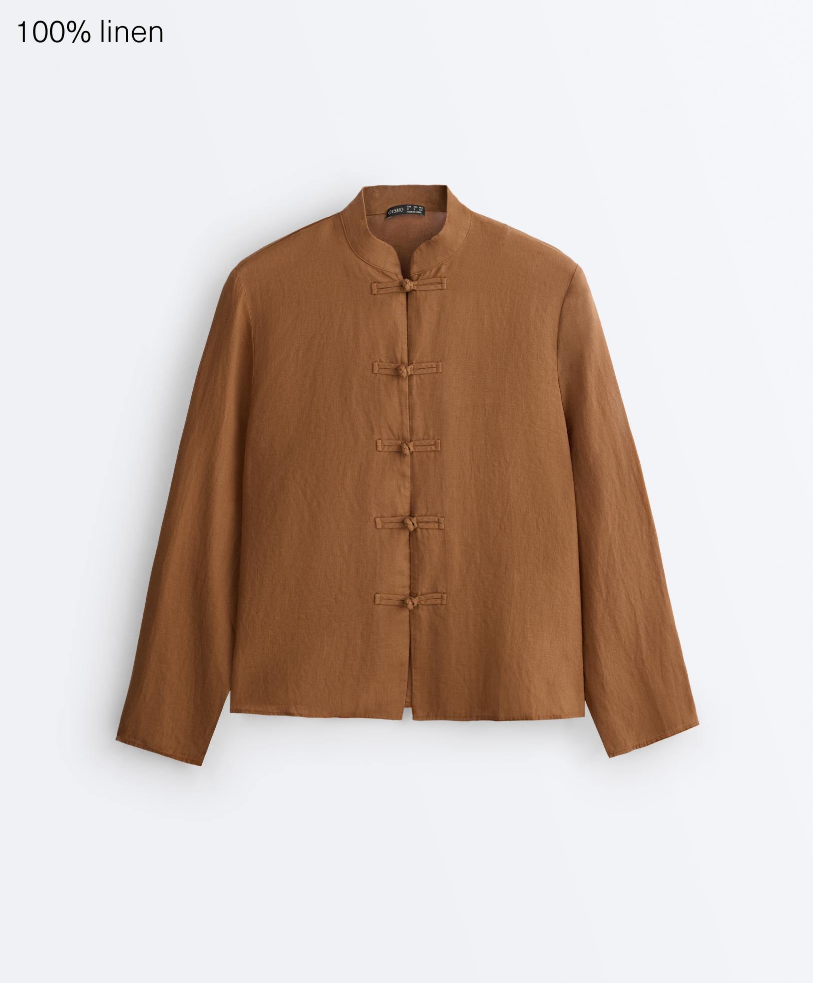100% linen stand-up collar shirt — TOFFEE