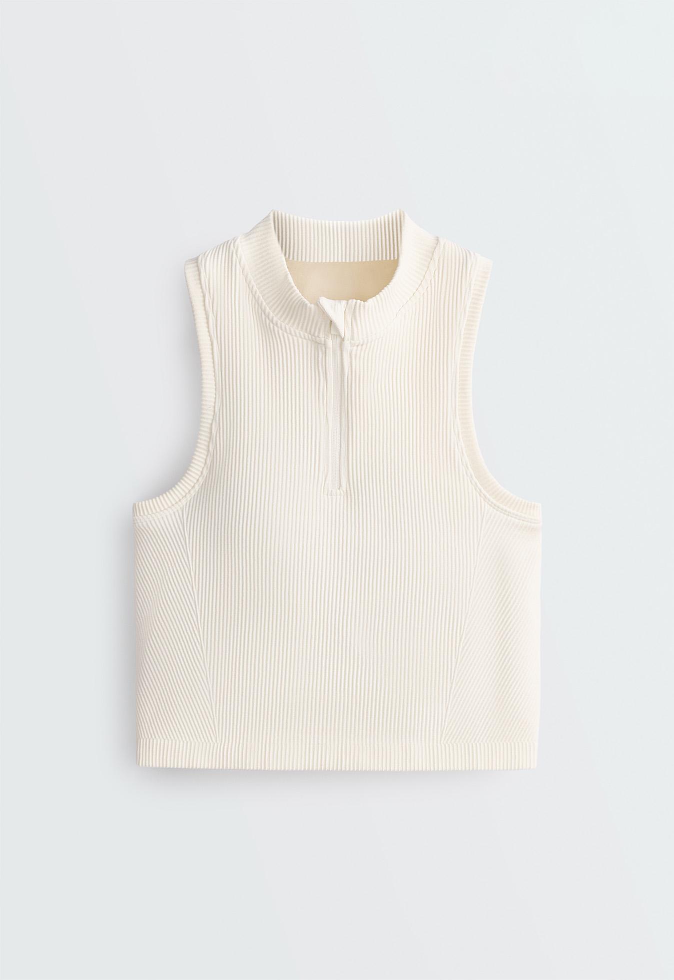 Sleeveless seamless rib tank top with half-zip — PALE ECRU