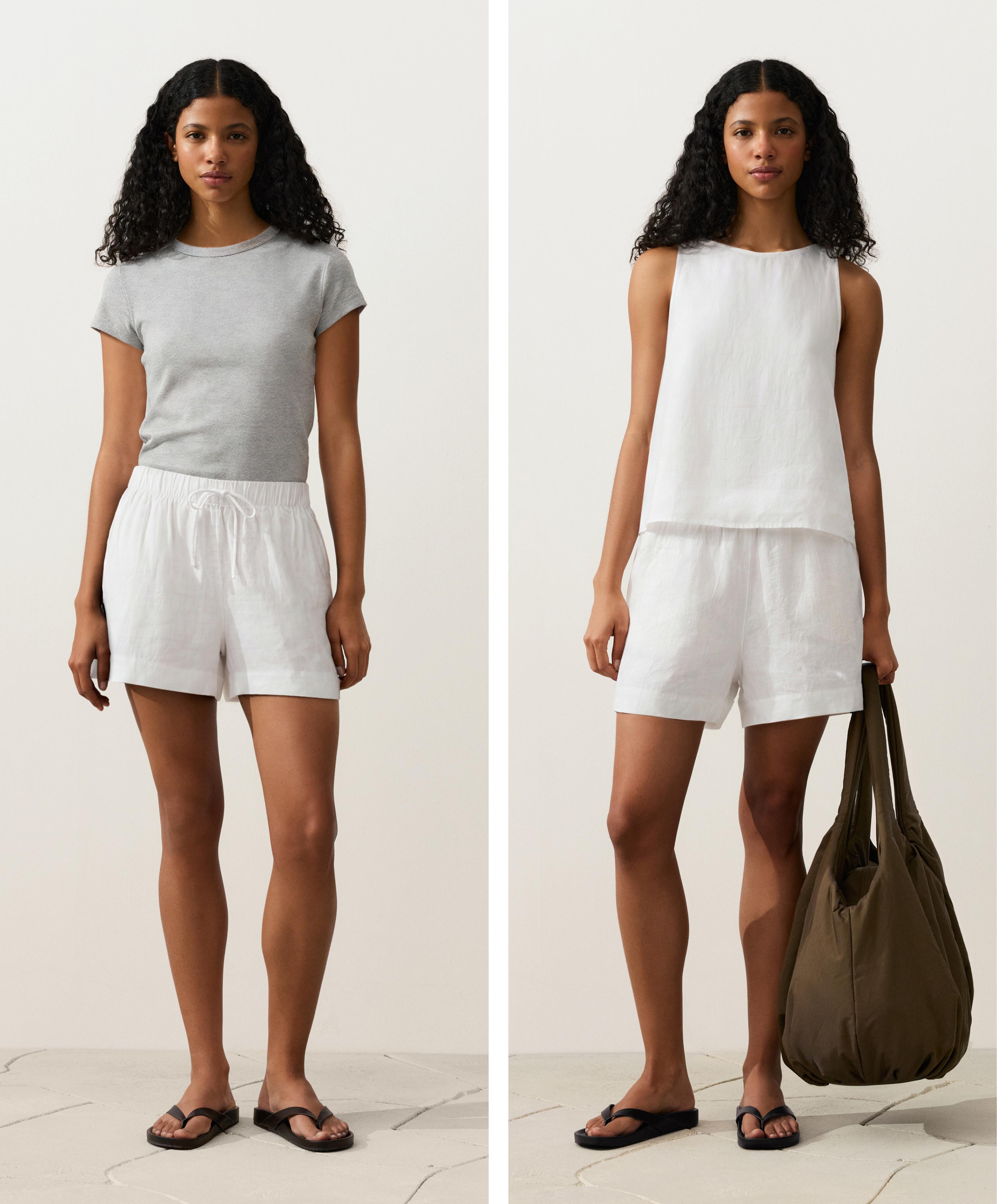 100% linen mid-rise shorts — WHITE