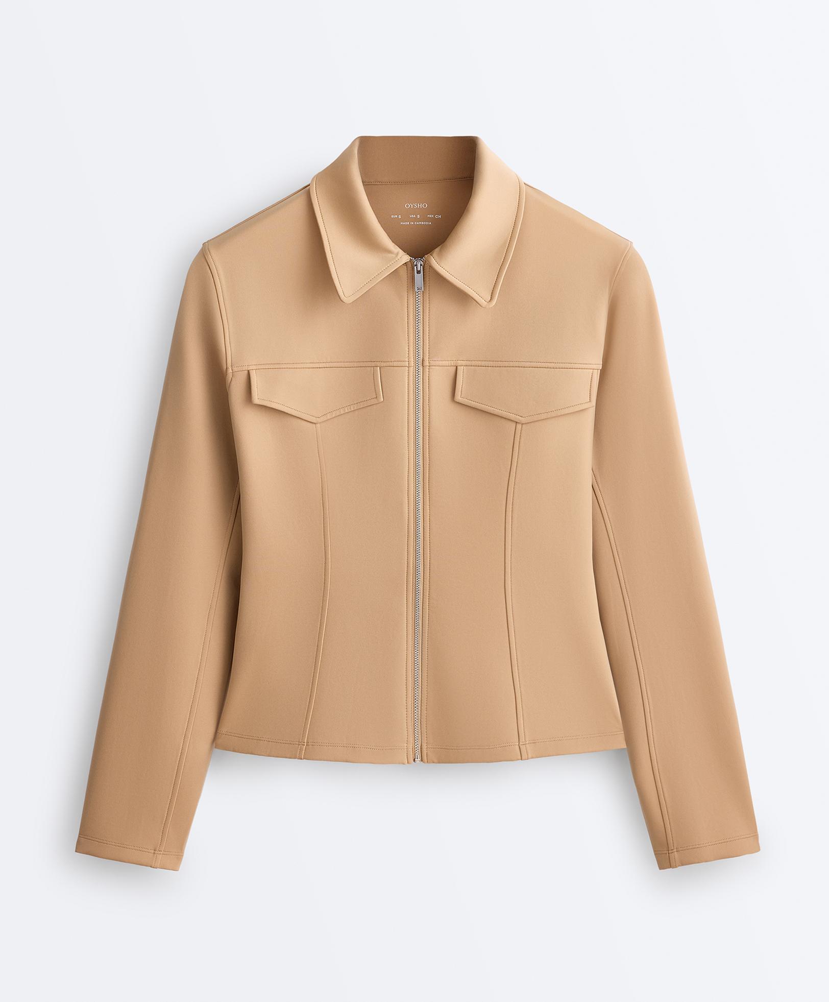 Neoprene-effect peplum jacket with ribbing — PALE CAMEL