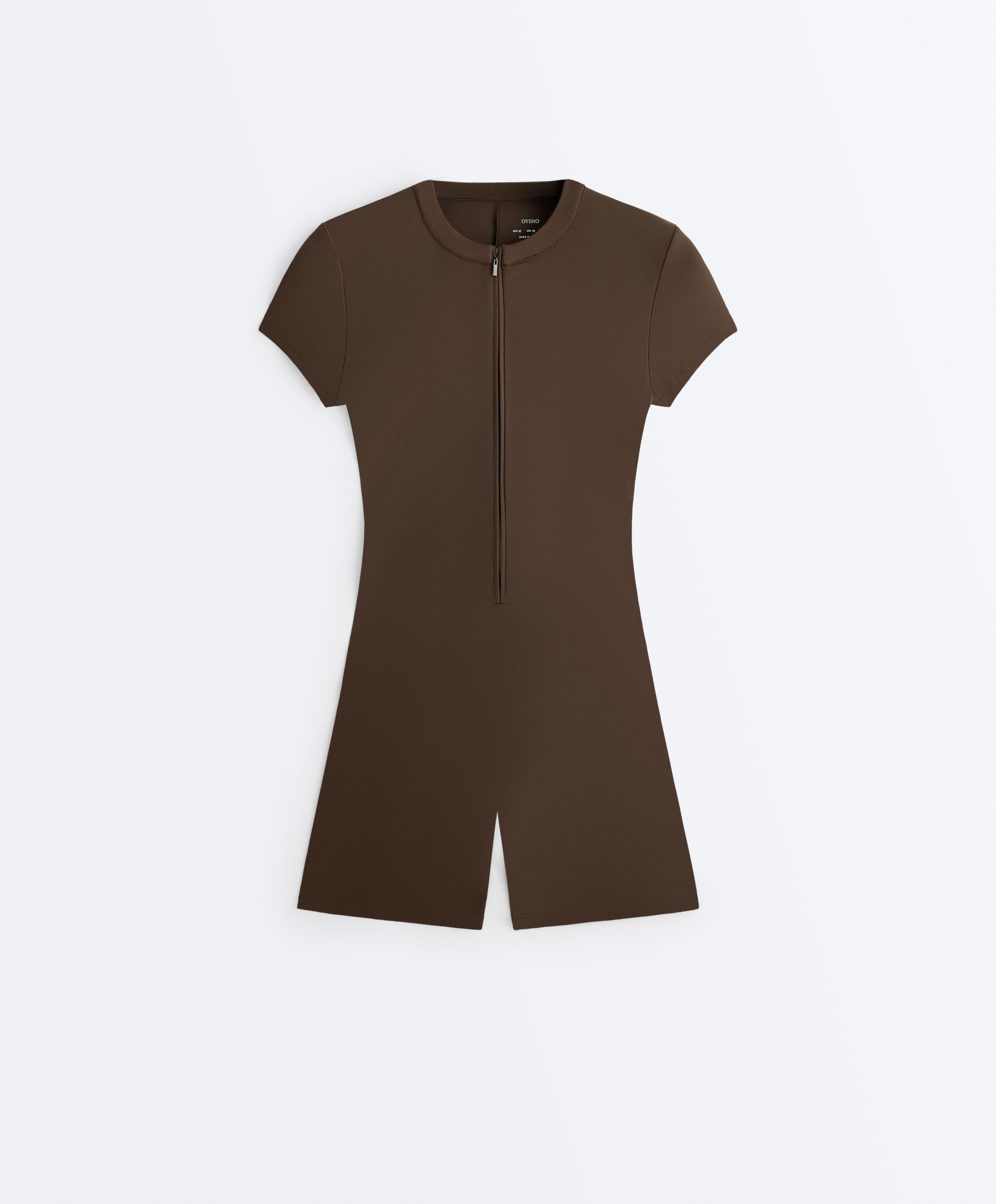 Comfortlux short zip jumpsuit — DARK BROWN