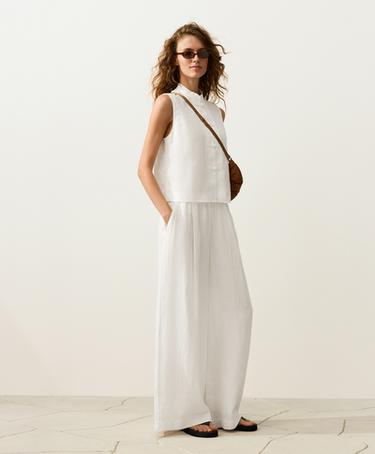 100% linen sleeveless stand-up collar shirt — WHITE  6