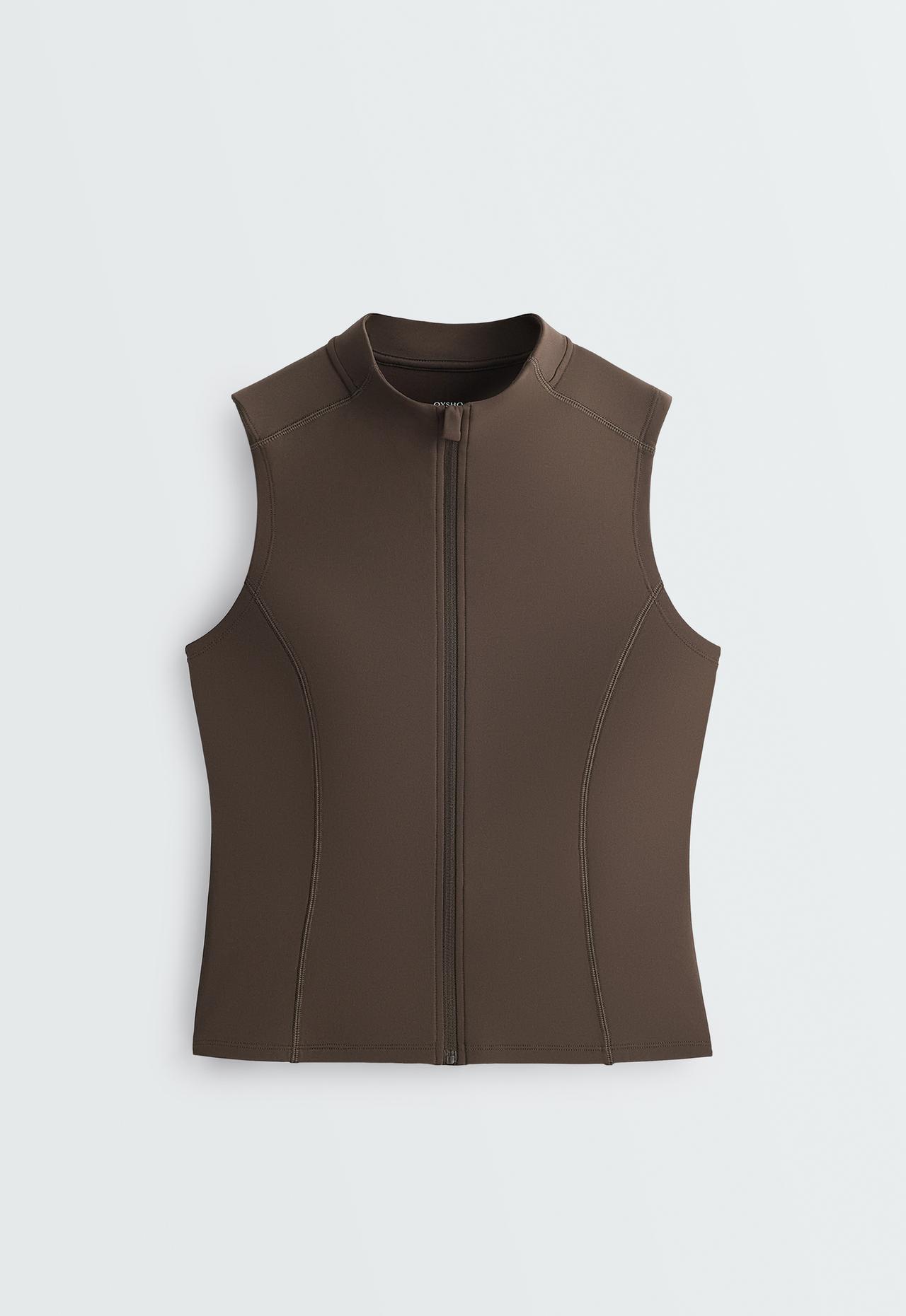 Sleeveless zip T-shirt — BROWN