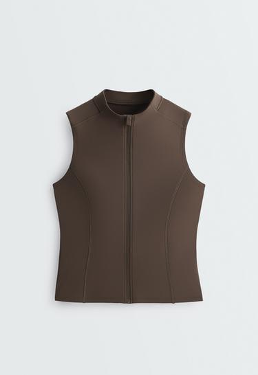 Sleeveless zip T-shirt — BROWN 6