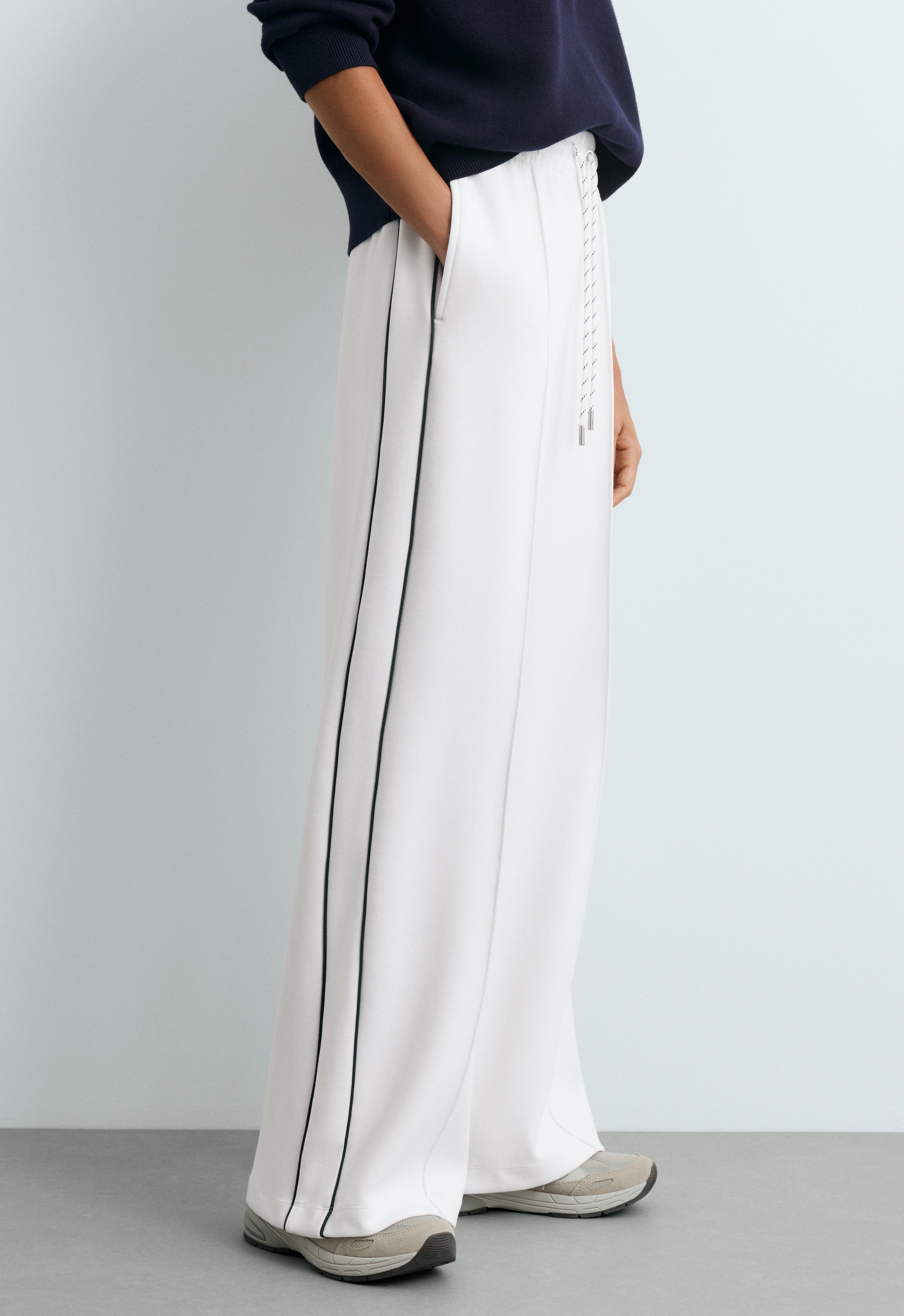 Cotton piqué straight-leg trousers with piping — WHITE