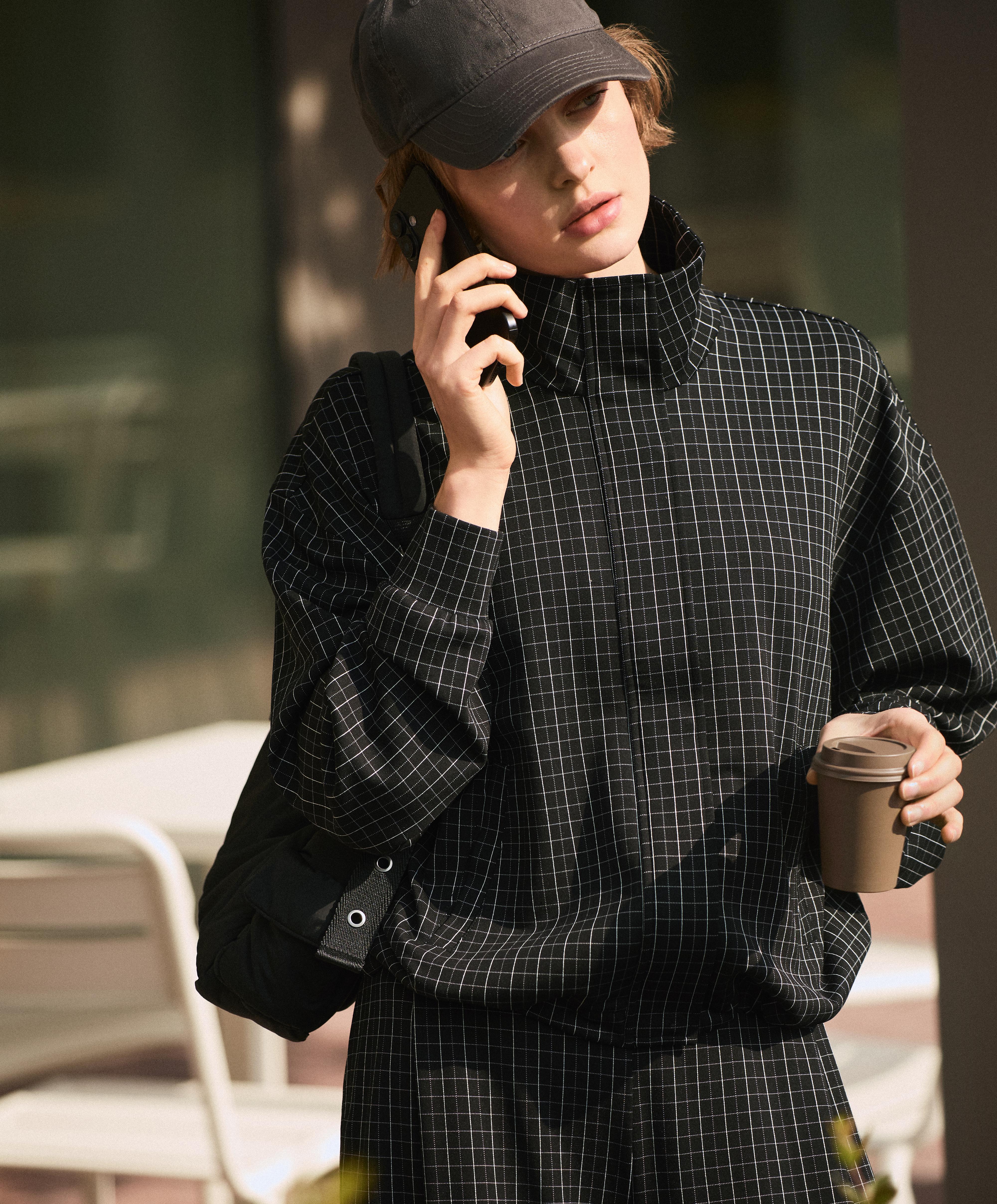 Check high neck jacket — BLACK